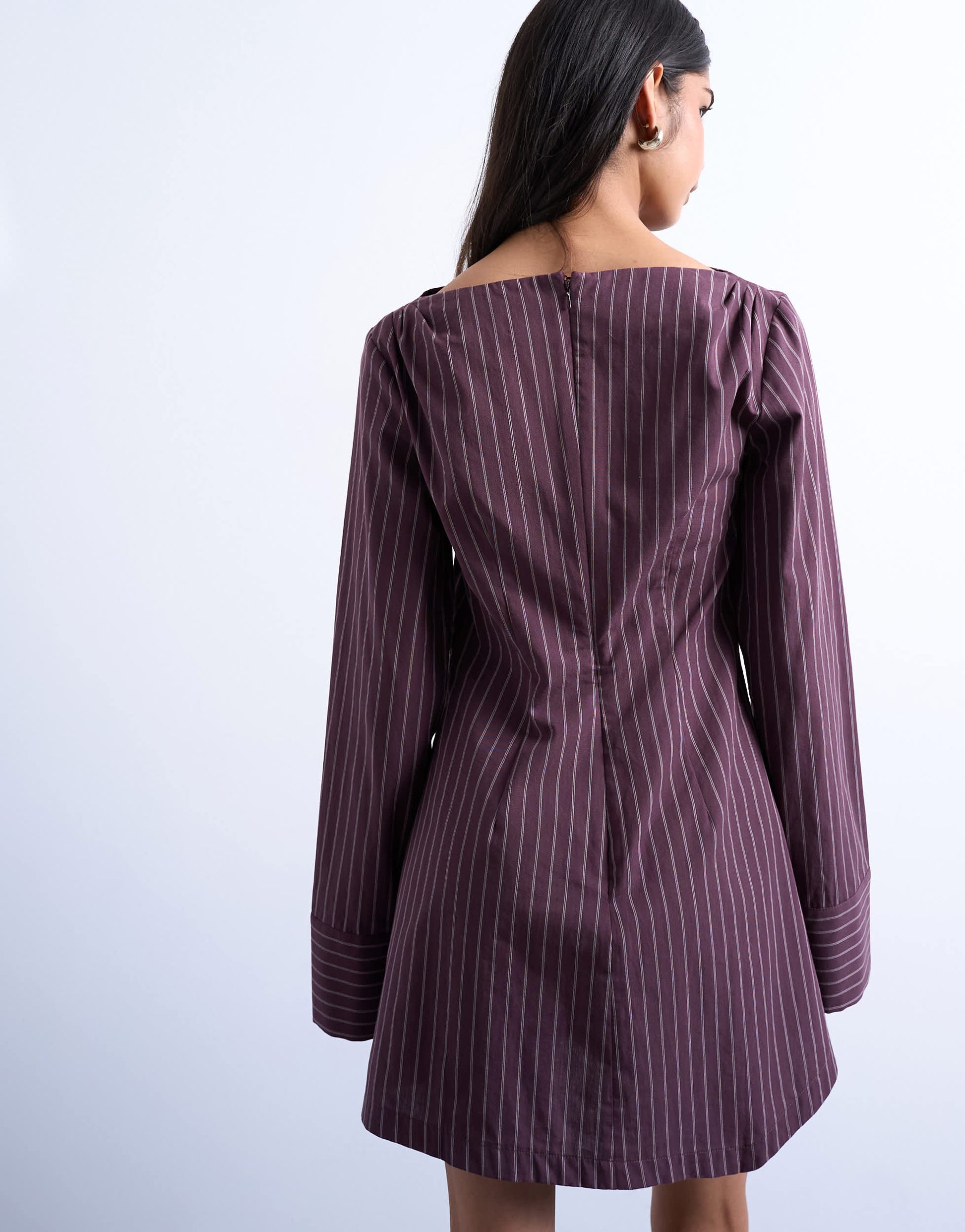 Topshop cut about long sleeve mini dress in burgundy stripe
