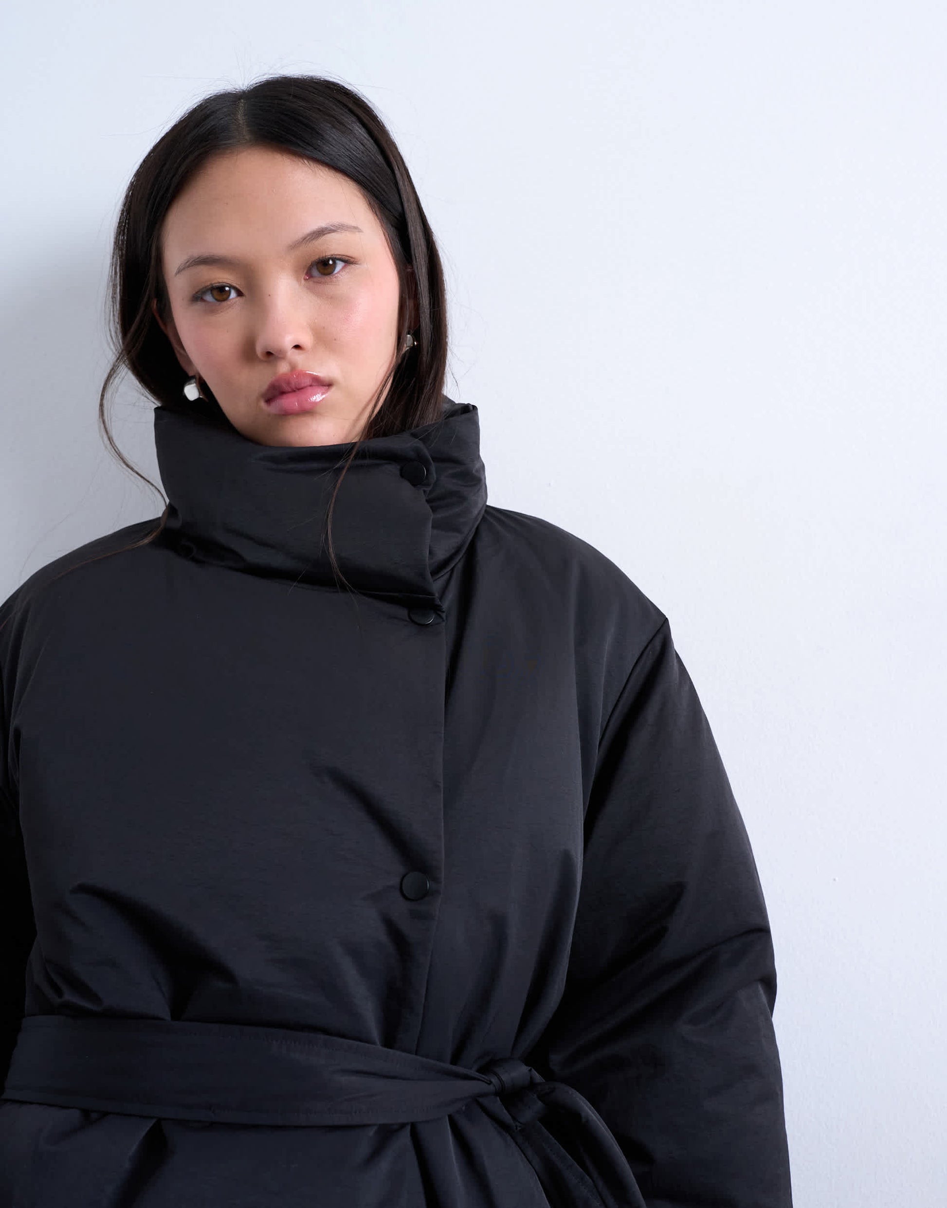 Topshop funnel neck longline belted puffer jacket in black