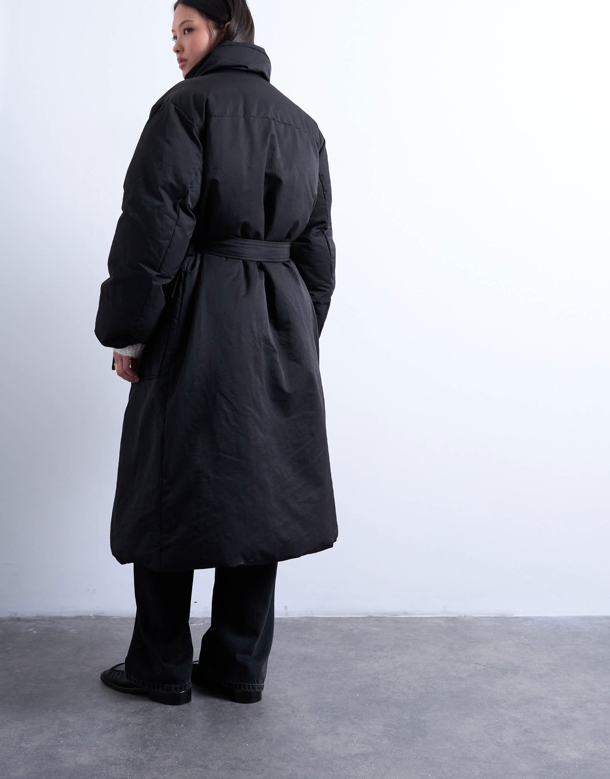 Topshop funnel neck longline belted puffer jacket in black