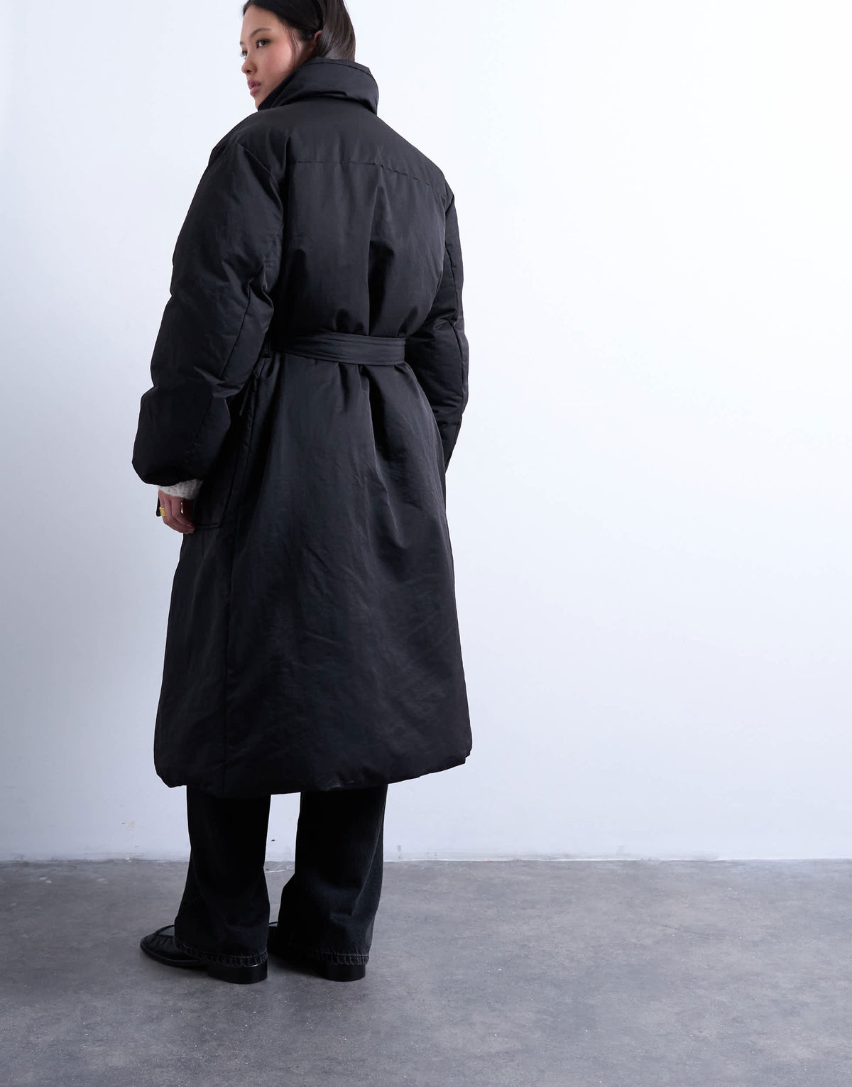 Topshop funnel neck longline belted puffer jacket in black