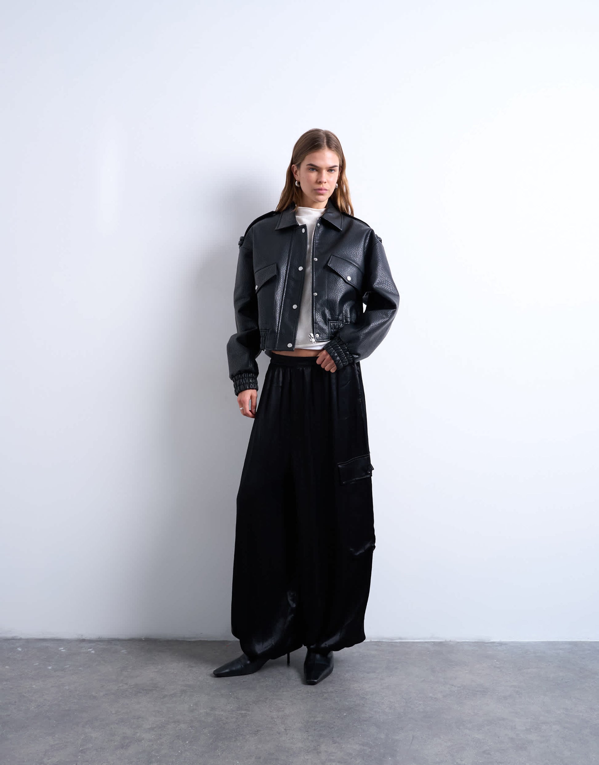 Topshop faux bubble leather 80s bomber jacket in black