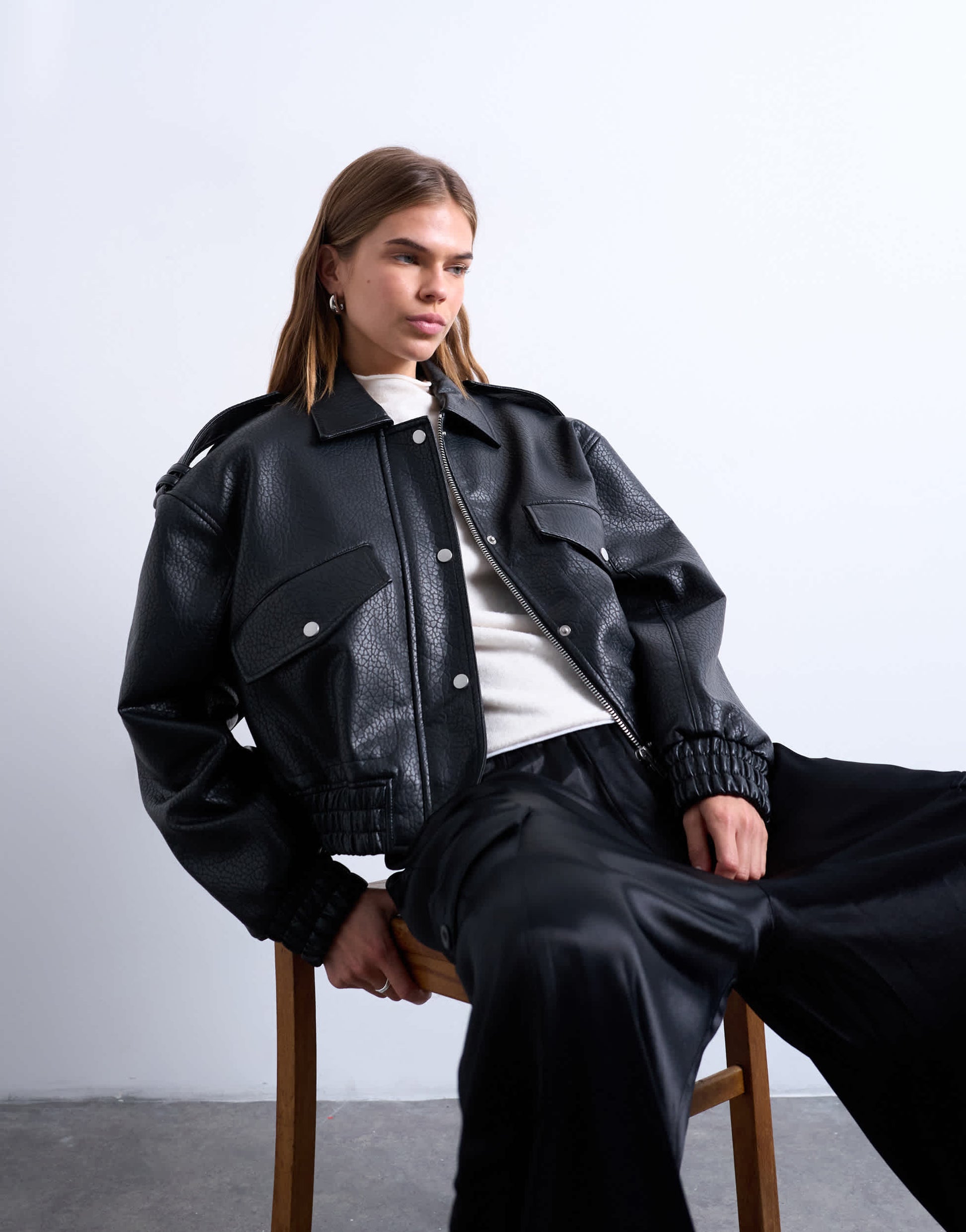Topshop faux bubble leather 80s bomber jacket in black
