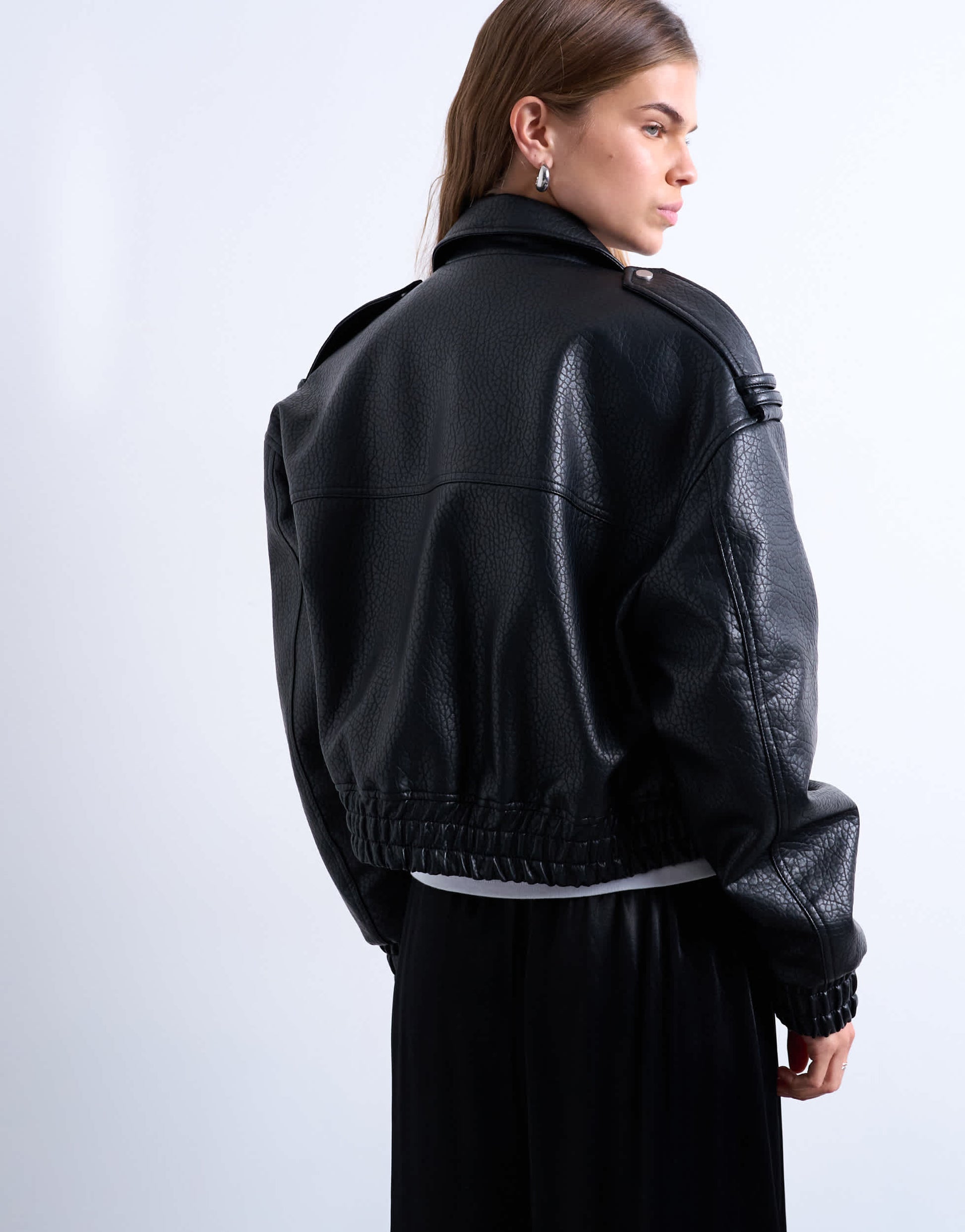 Topshop faux bubble leather 80s bomber jacket in black