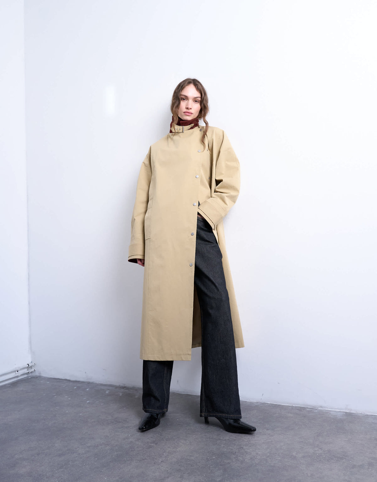 Topshop longline oversized funnel trench coat with contrast collar and buckle detail in beige