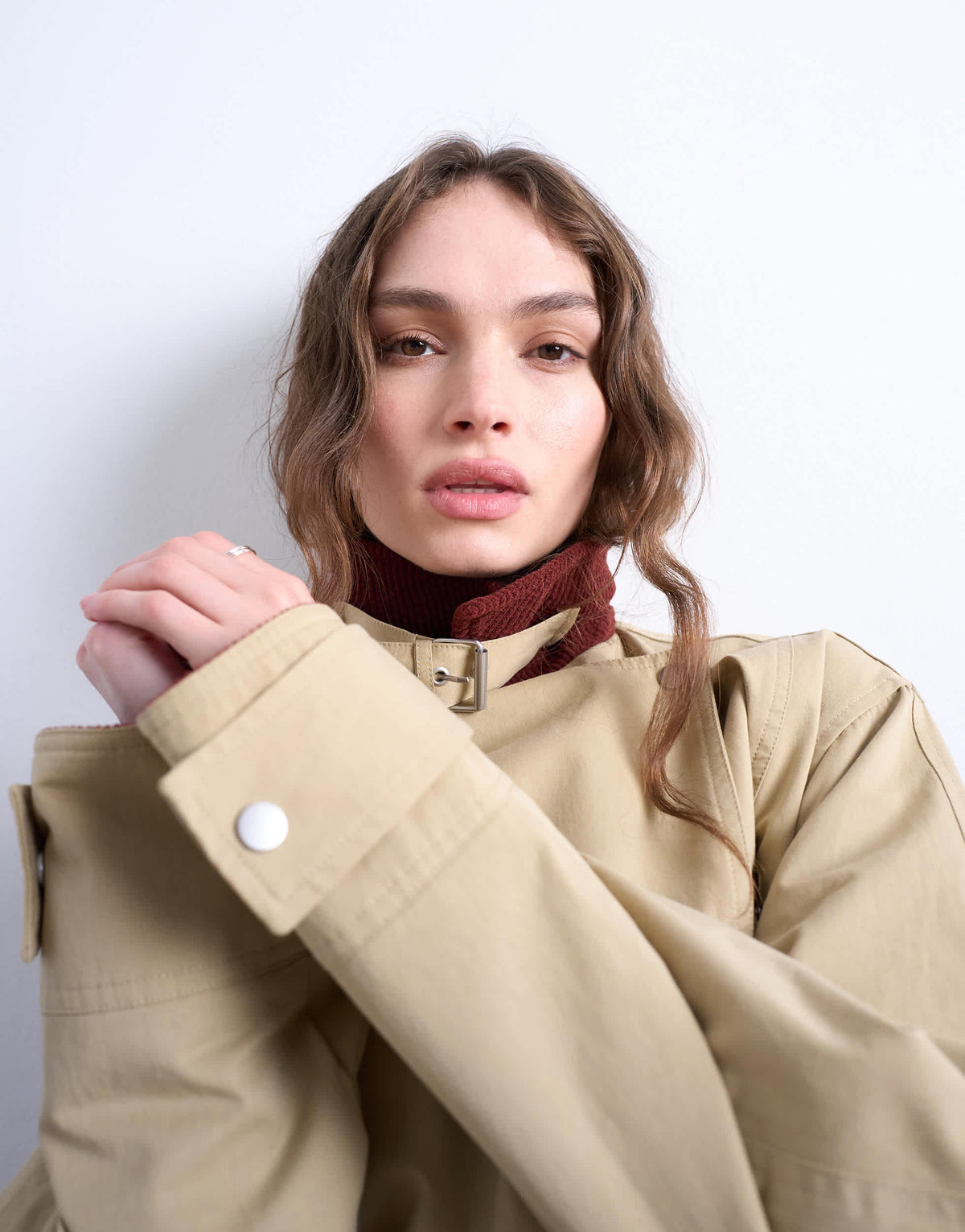 Topshop longline oversized funnel trench coat with contrast collar and buckle detail in beige