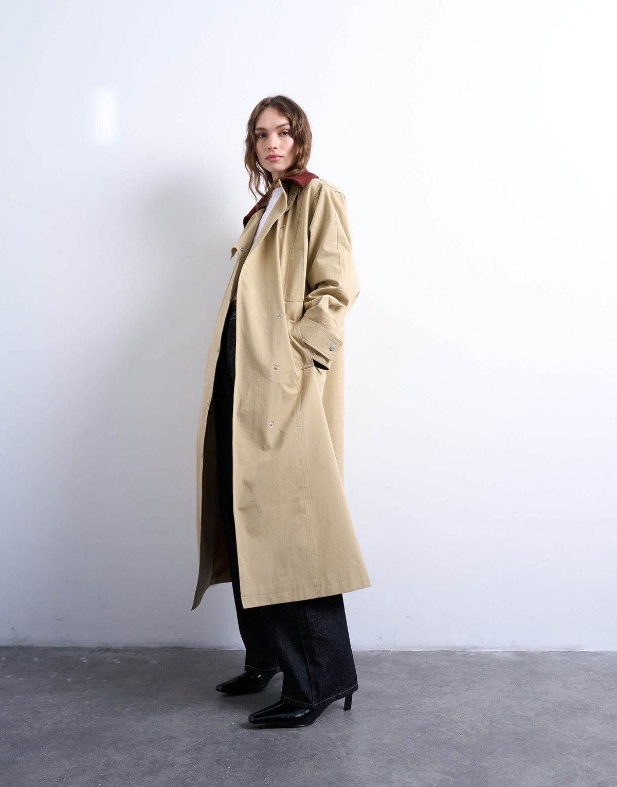 Topshop longline oversized funnel trench coat with contrast collar and buckle detail in beige