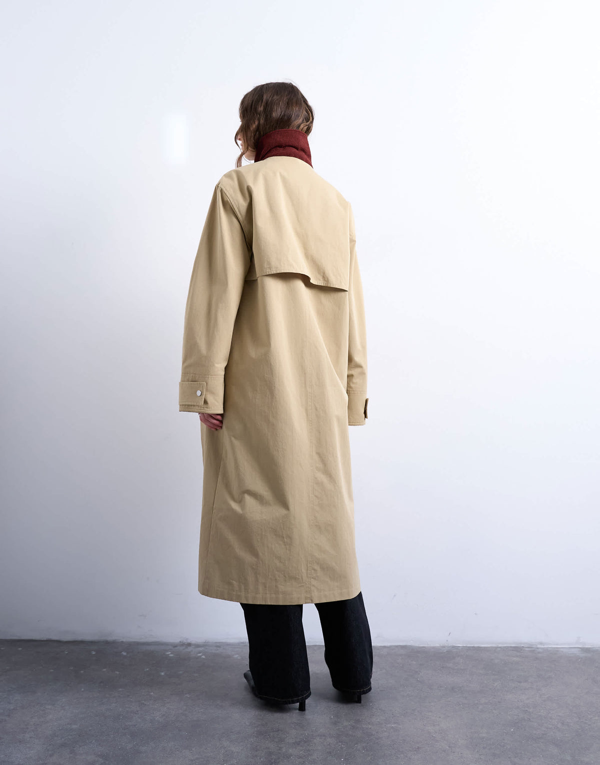 Topshop longline oversized funnel trench coat with contrast collar and buckle detail in beige