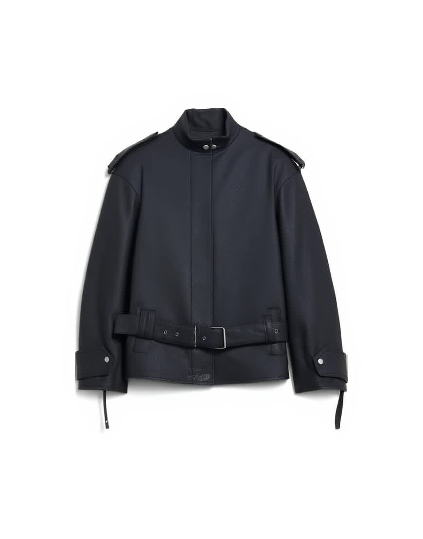 Topshop faux bubble leather short belted funnel bomber jacket in black