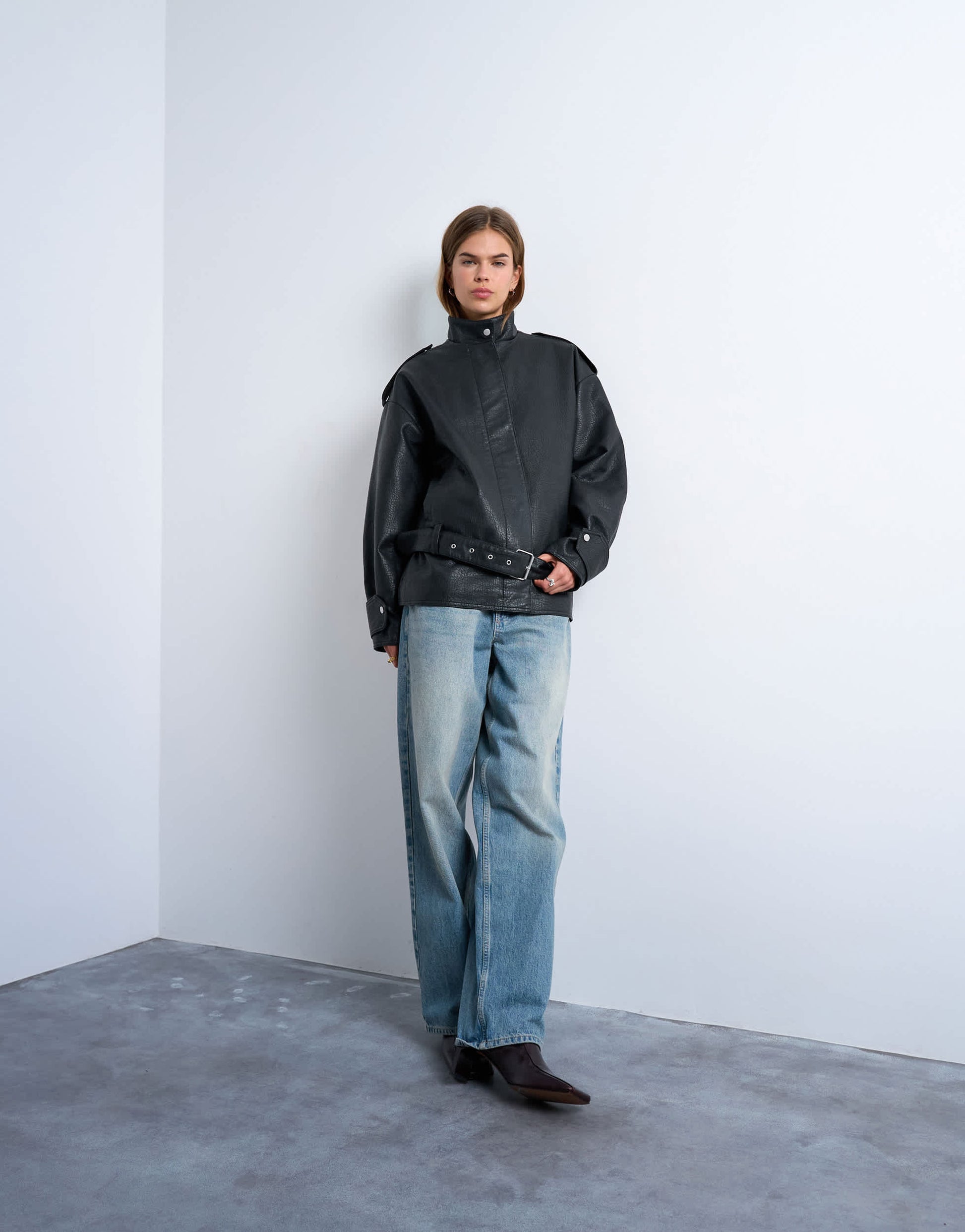 Topshop faux bubble leather short belted funnel bomber jacket in black
