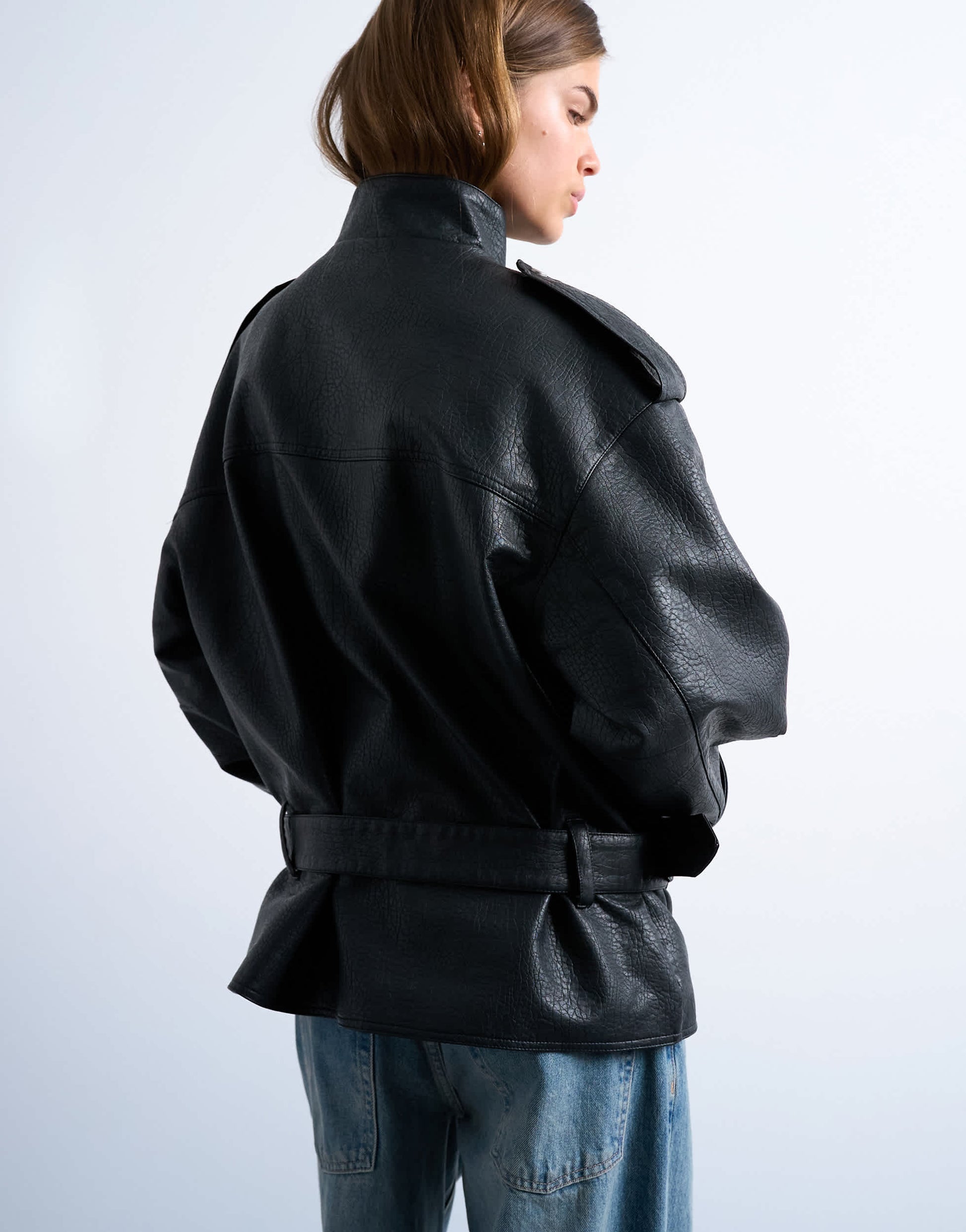 Topshop faux bubble leather short belted funnel bomber jacket in black
