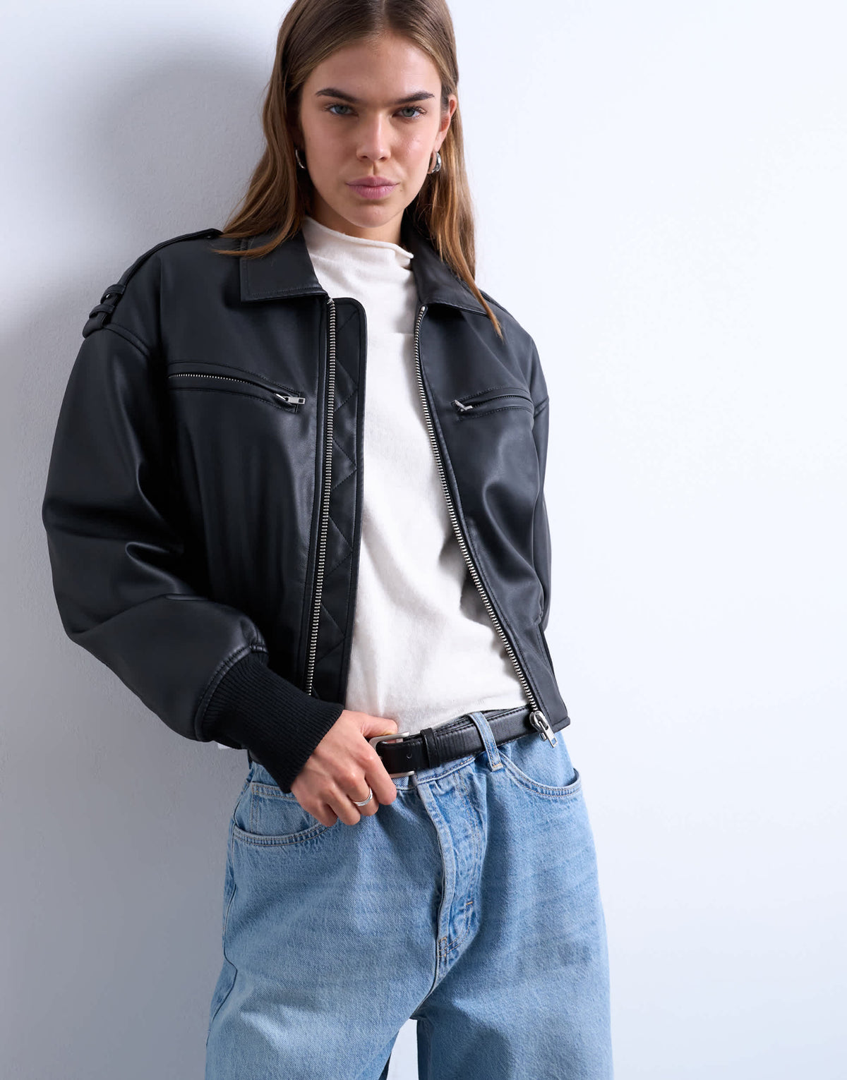 Topshop faux leather ovoid sleeve bomber jacket in washed black
