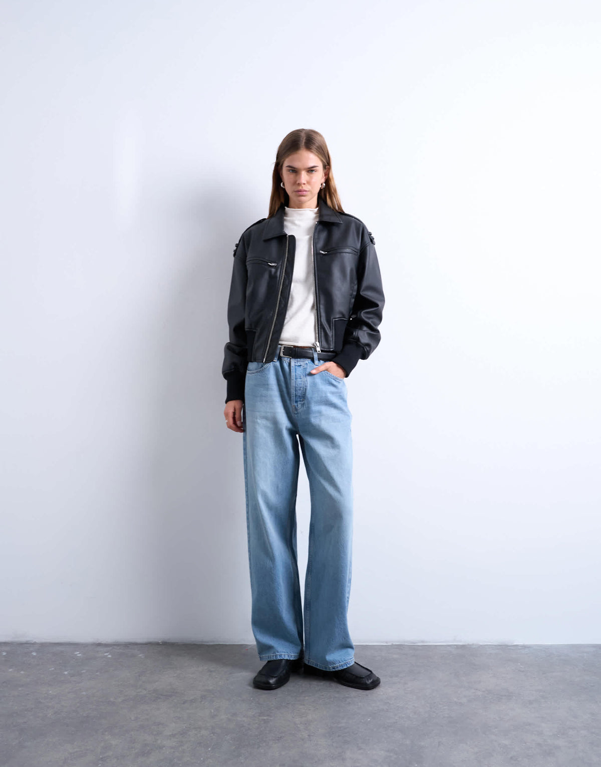 Topshop faux leather ovoid sleeve bomber jacket in washed black