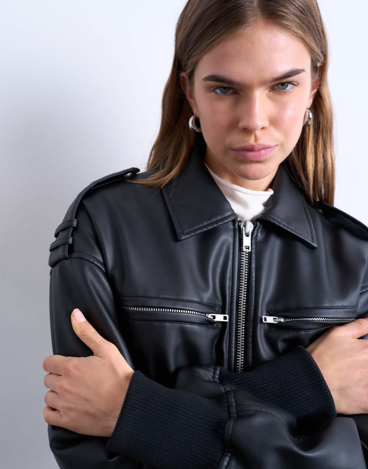 Topshop faux leather ovoid sleeve bomber jacket in washed black