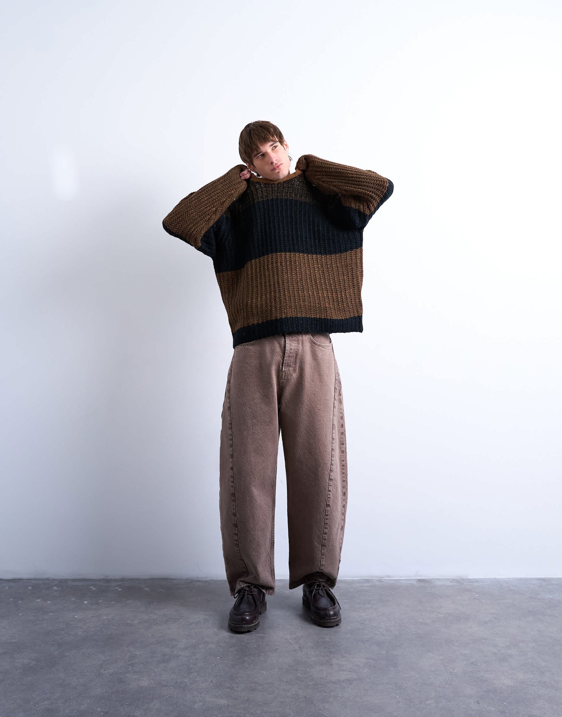 Topman oversized fit colour block stripe jumper in brown