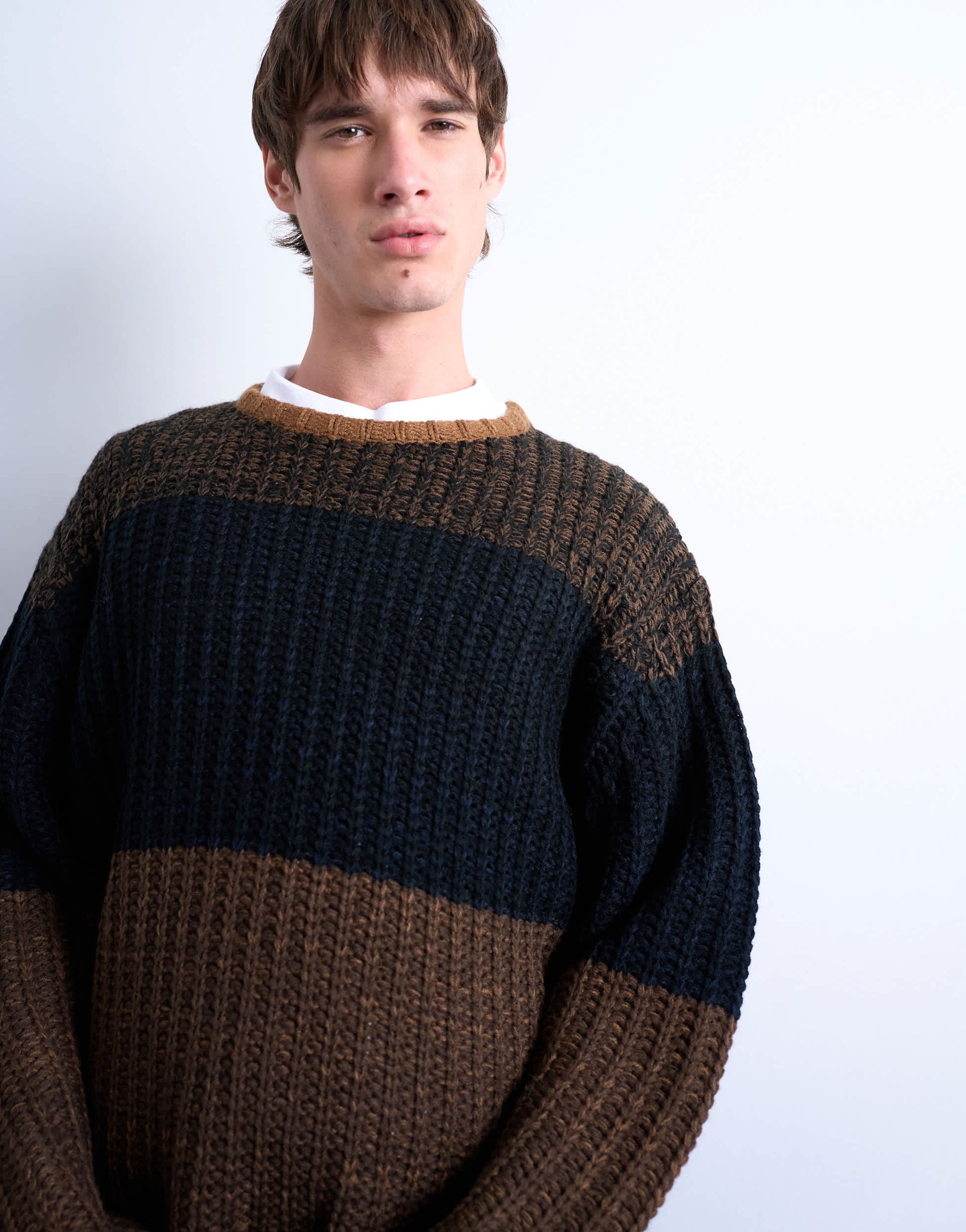 Topman oversized fit colour block stripe jumper in brown