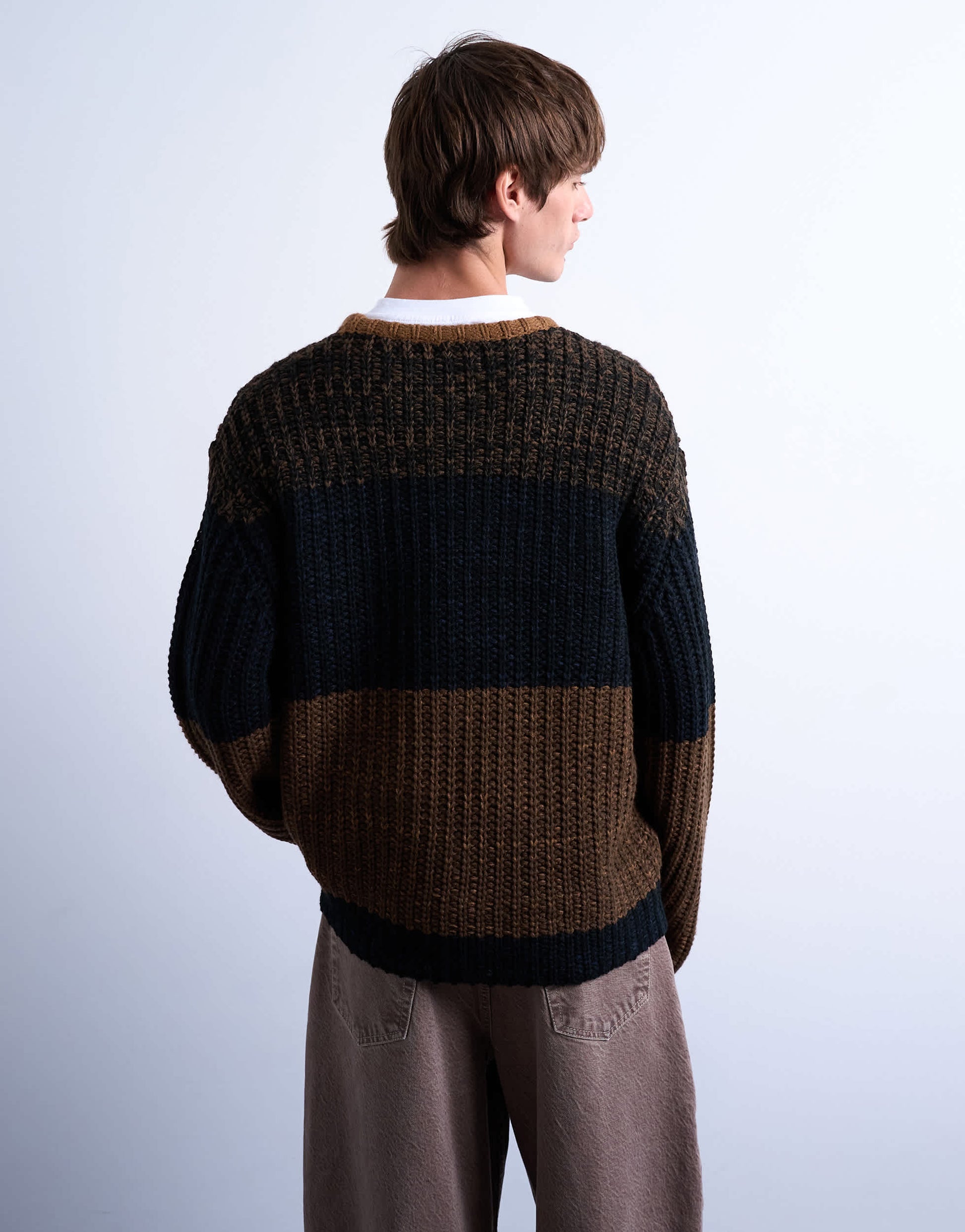 Topman oversized fit colour block stripe jumper in brown