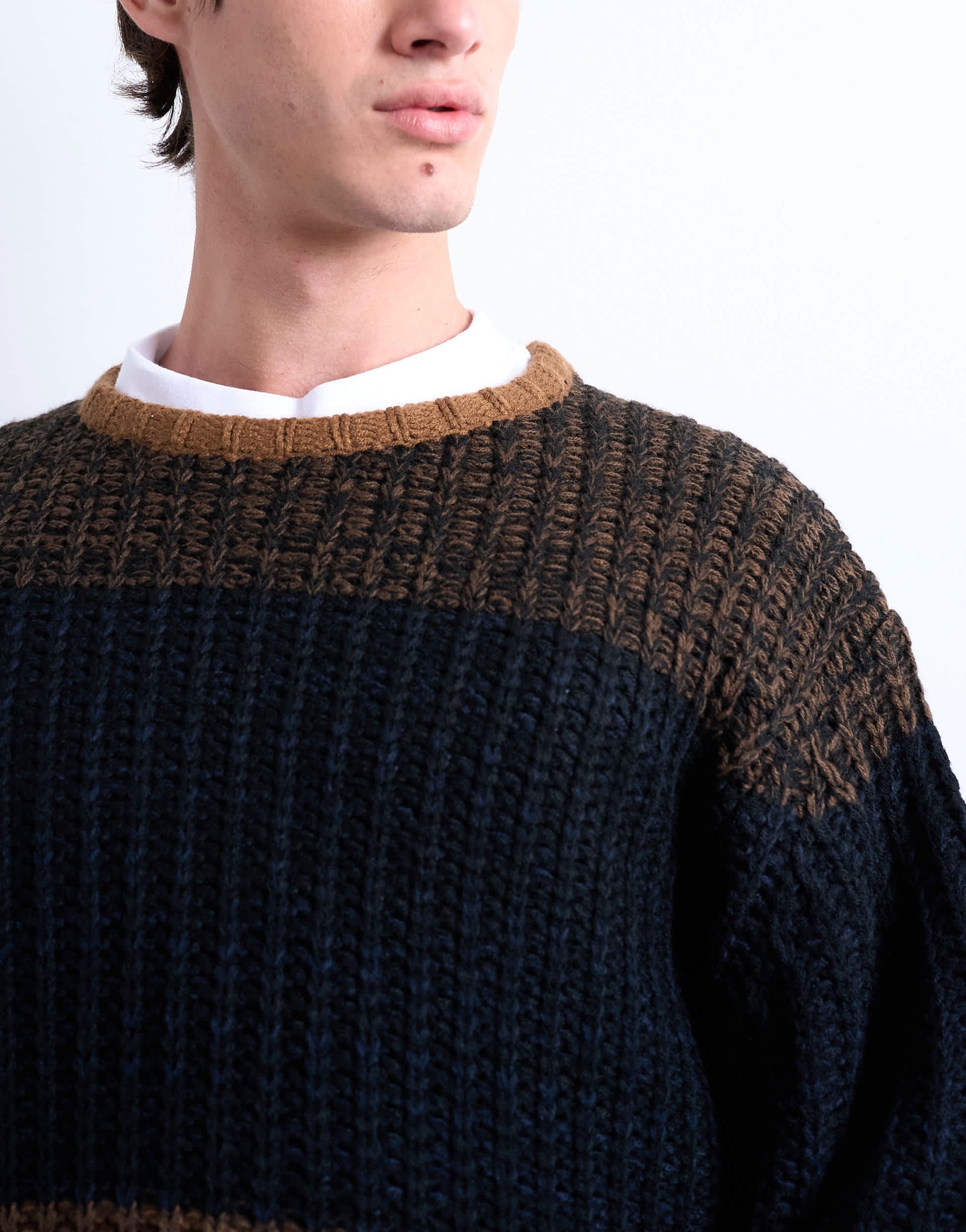 Topman oversized fit colour block stripe jumper in brown