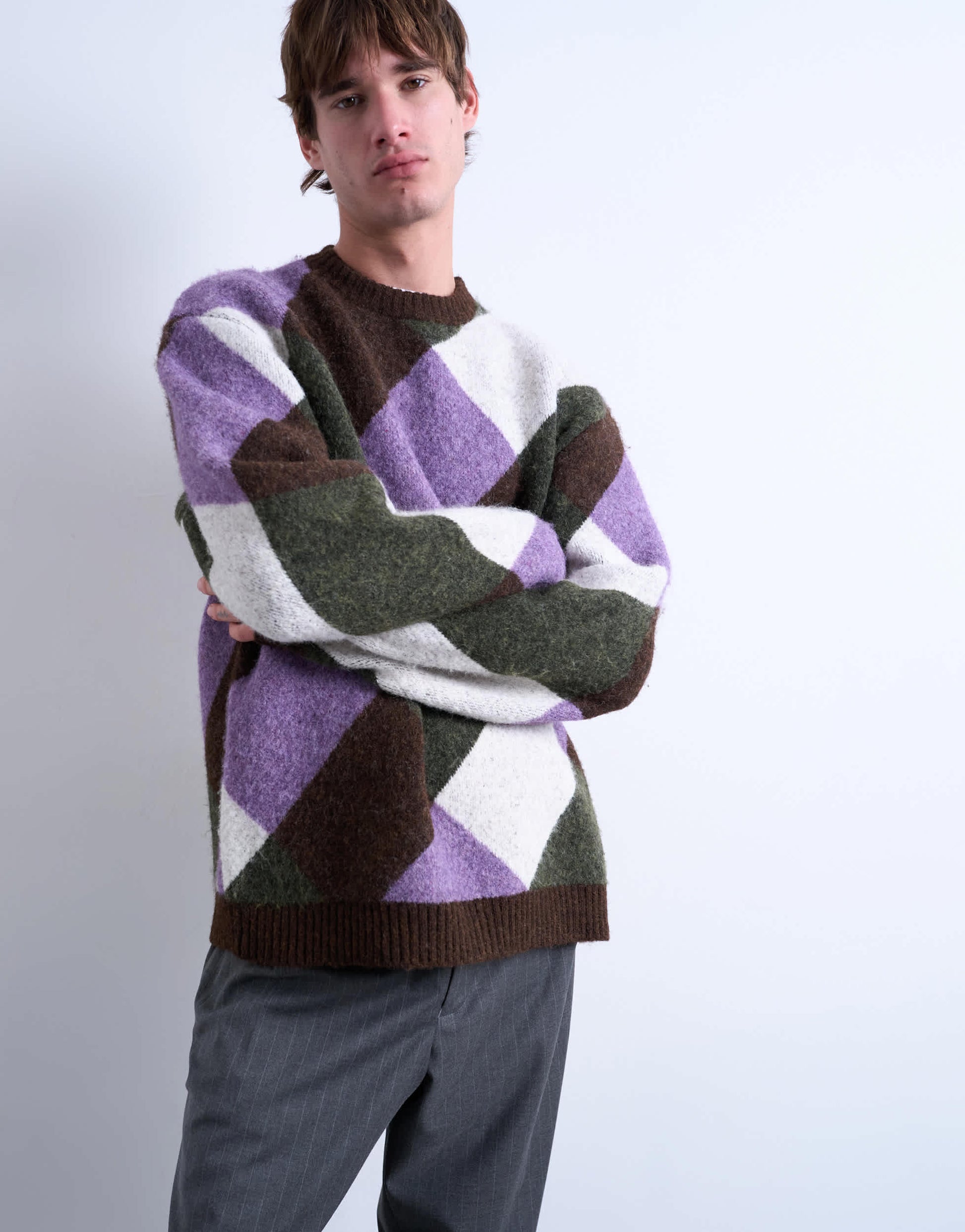 Topman relaxed fit knitted jumper with diamond design in brown
