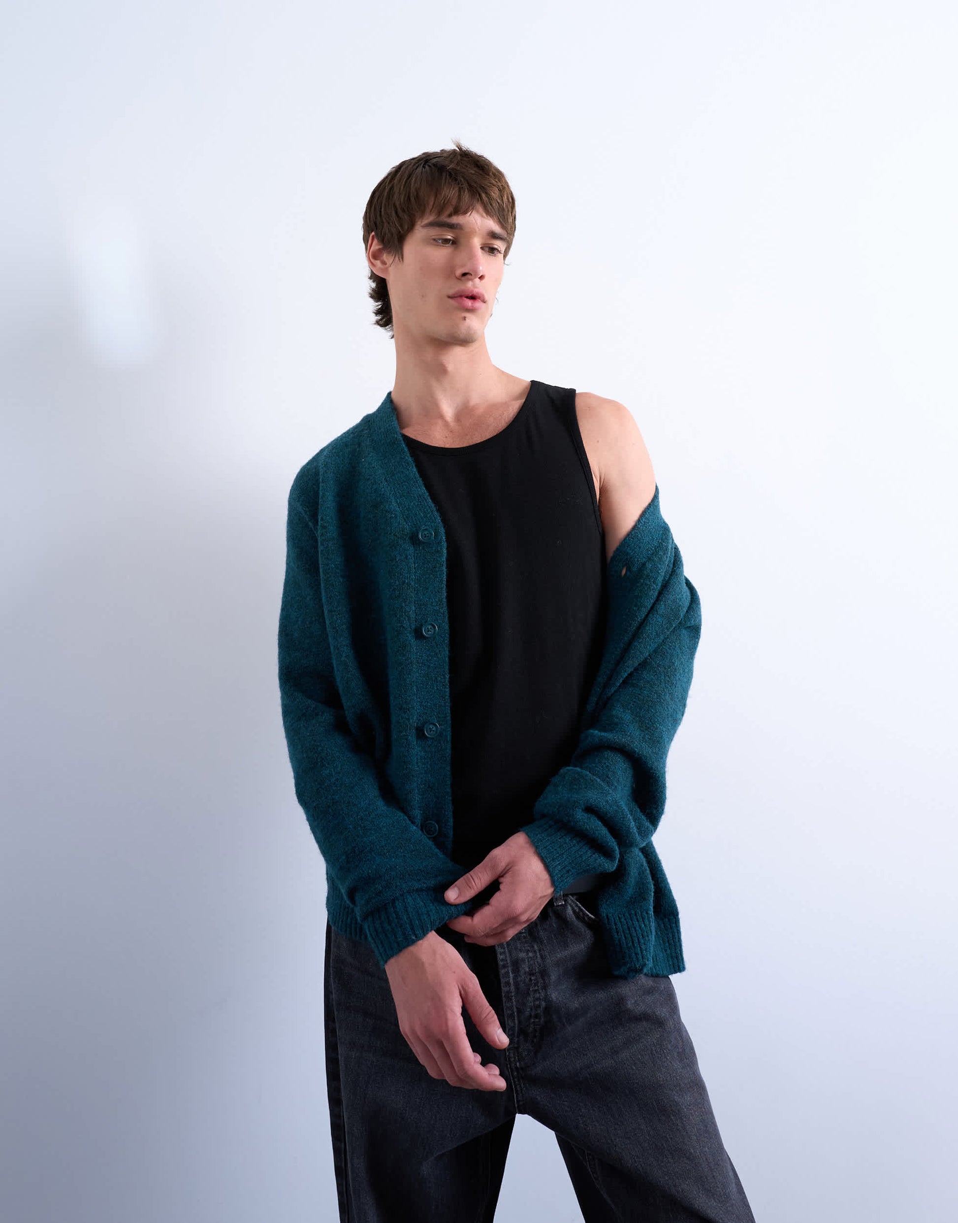 Topman oversized v neck cardigan in dark green