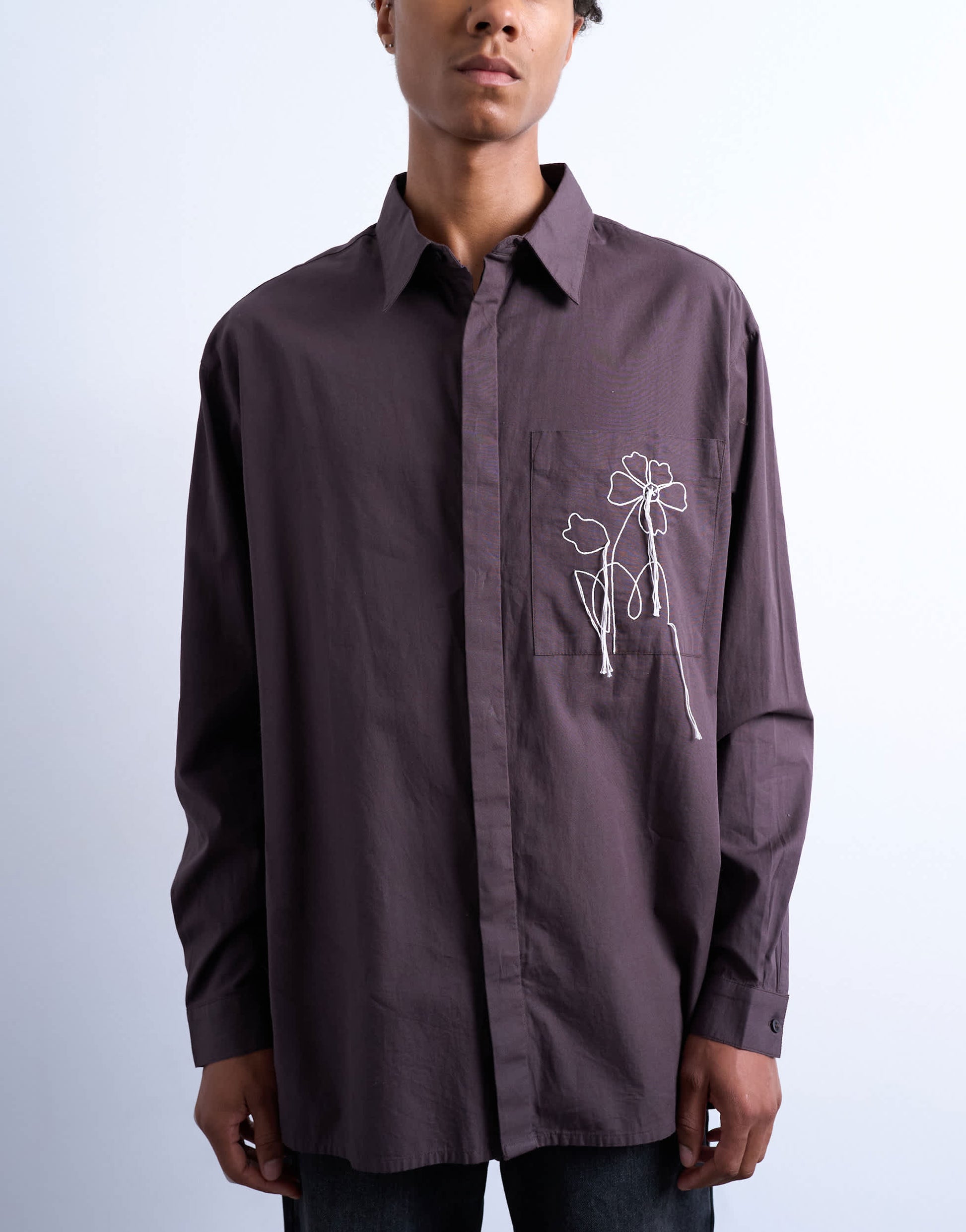Topman oversized fit poplin shirt with floral embroidery in brown