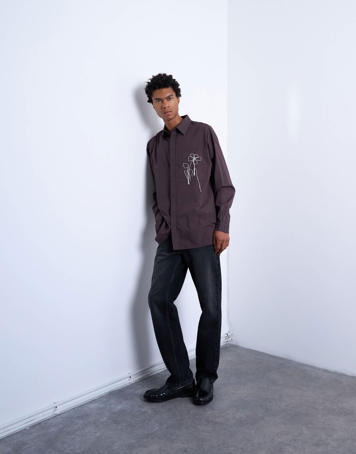 Topman oversized fit poplin shirt with floral embroidery in brown