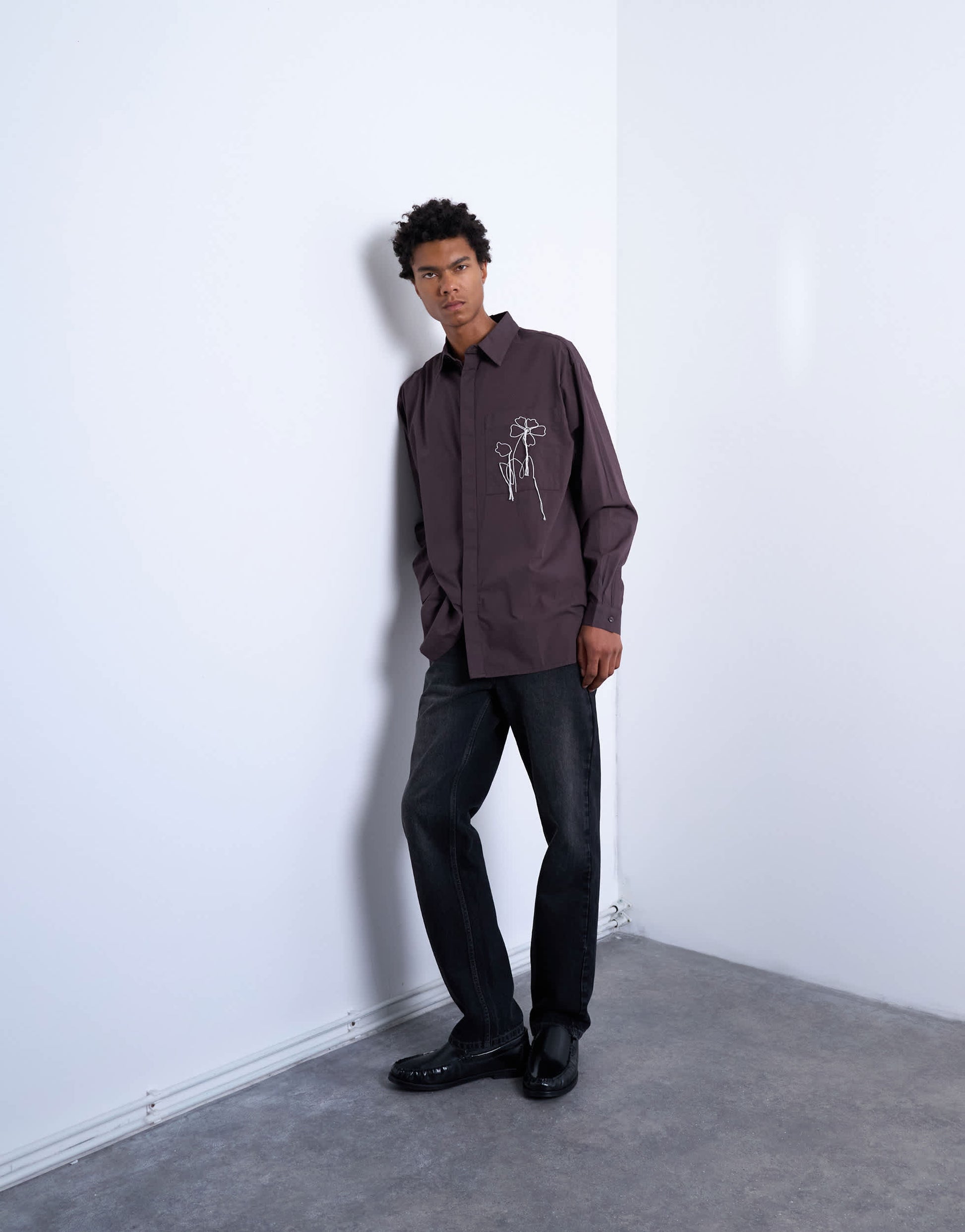 Topman oversized fit poplin shirt with floral embroidery in brown