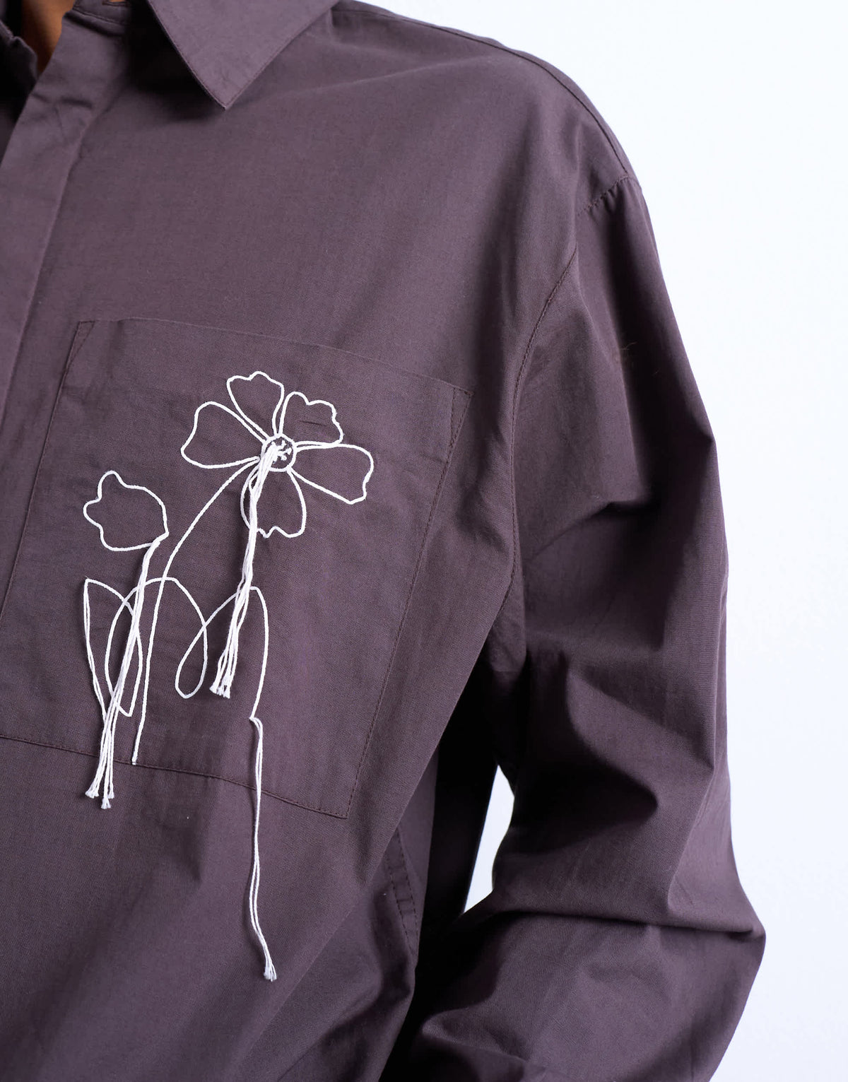 Topman oversized fit poplin shirt with floral embroidery in brown