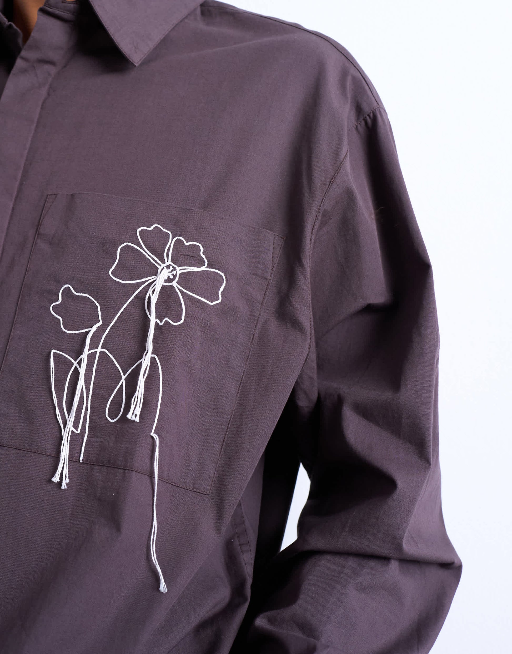 Topman oversized fit poplin shirt with floral embroidery in brown