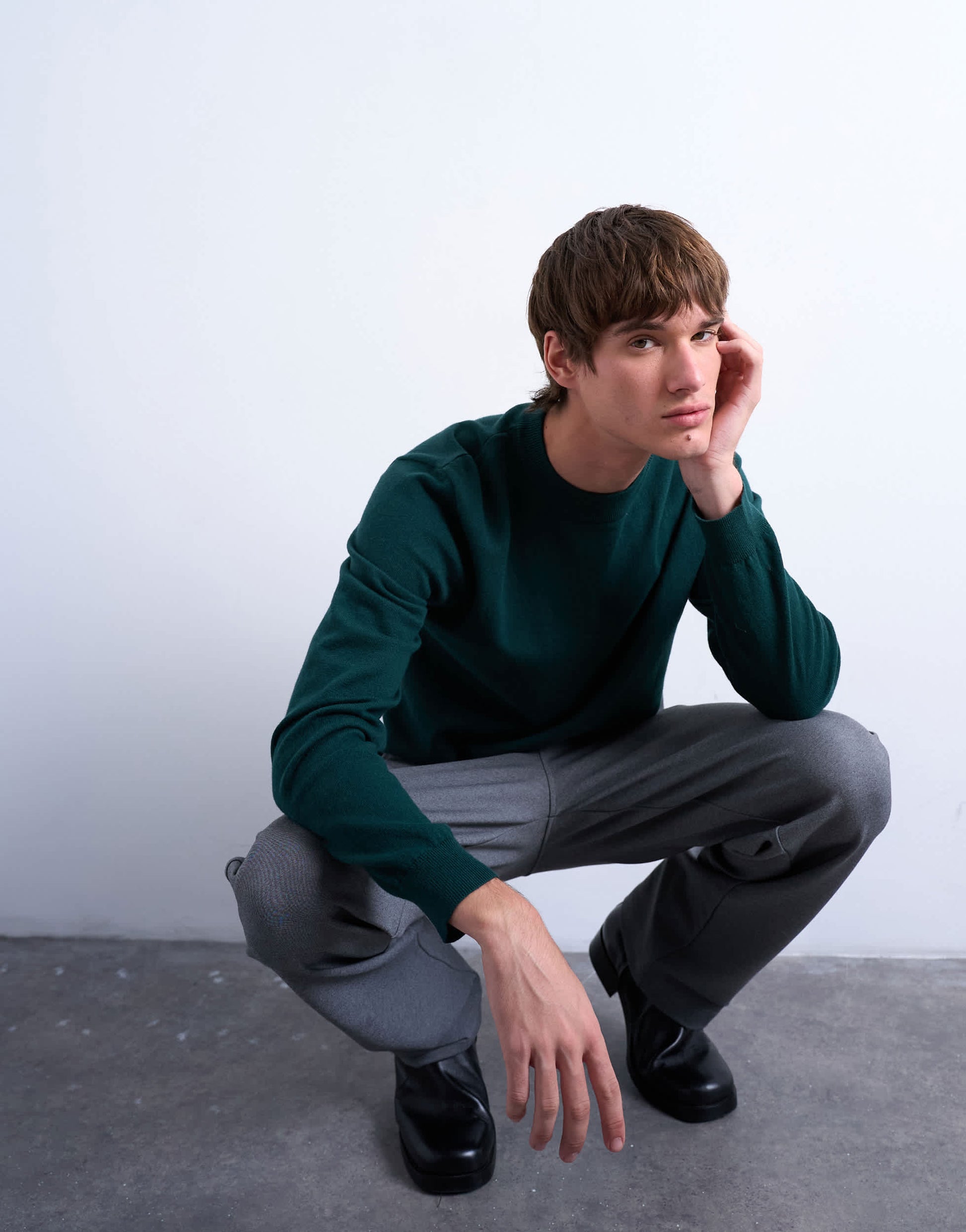 Topman essential knitted crew neck in dark green