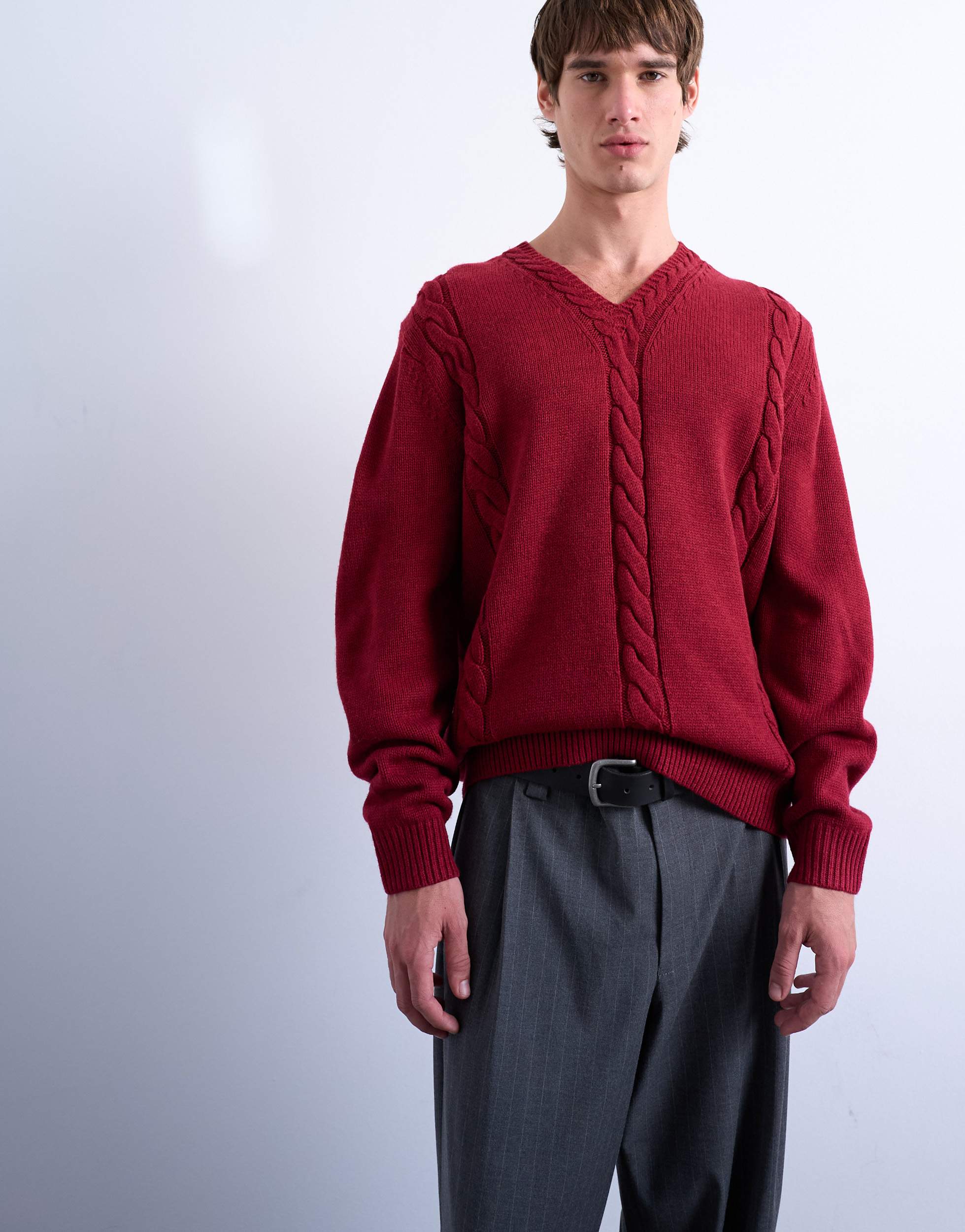 Topman relaxed fit v neck cable jumper in red