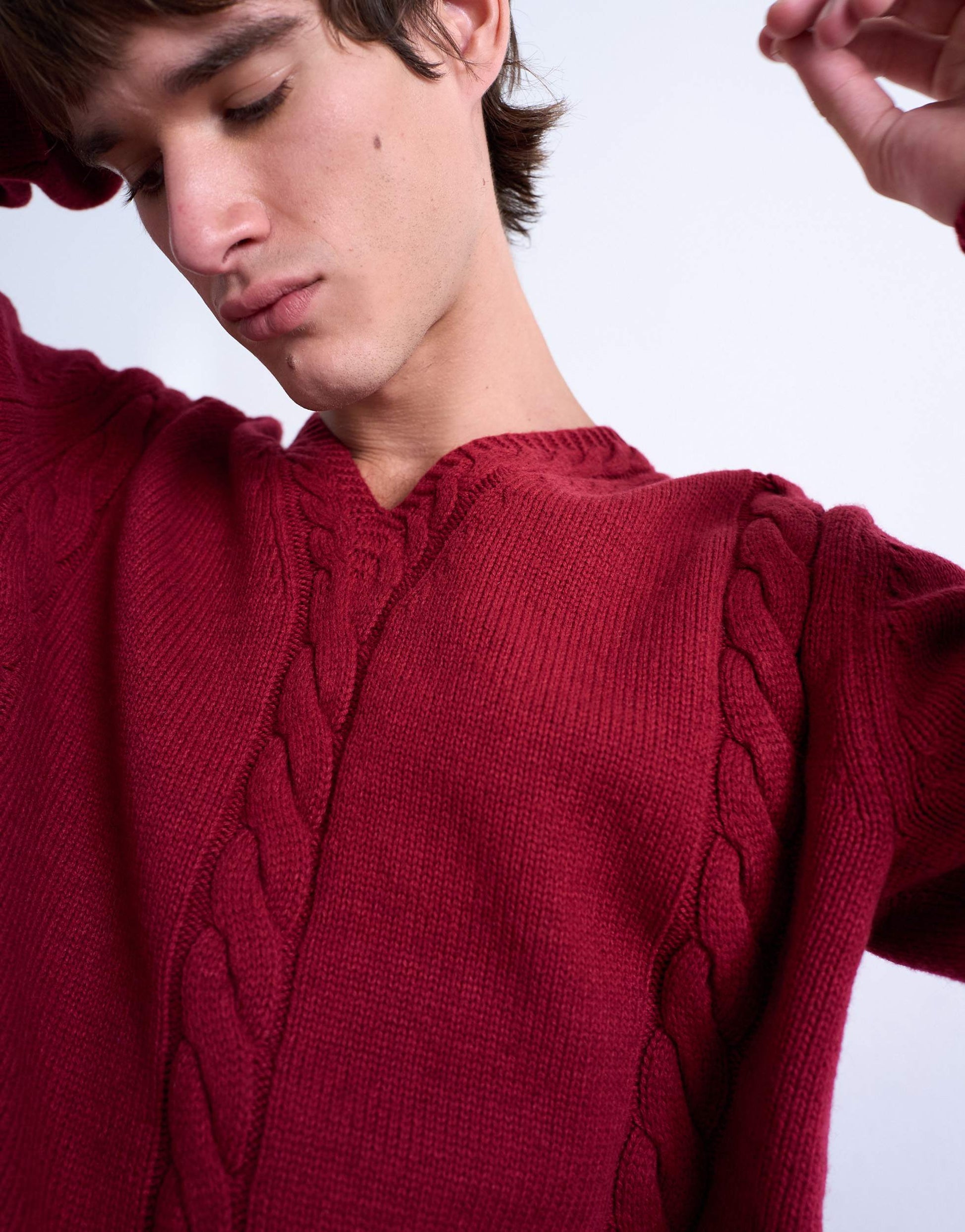 Topman relaxed fit v neck cable jumper in red