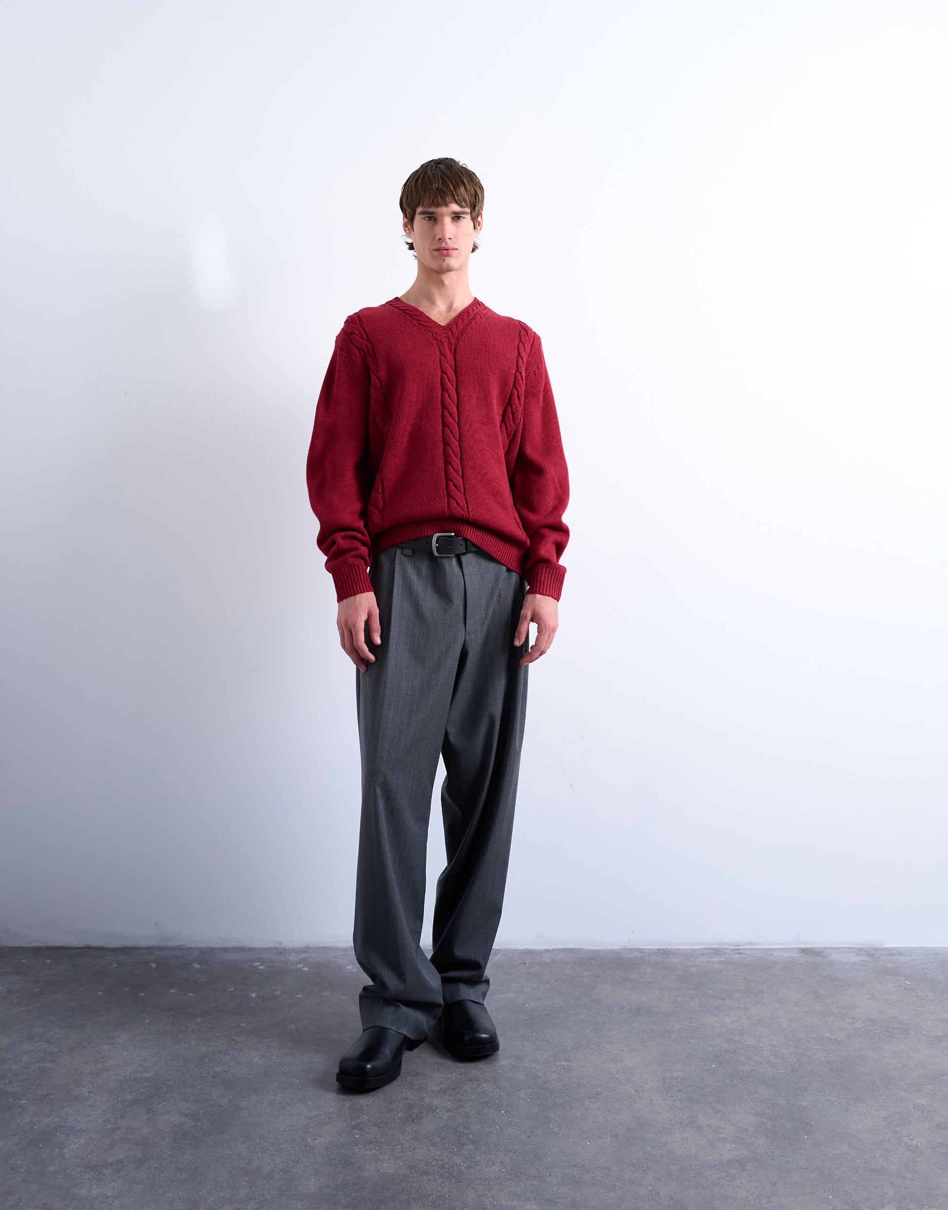 Topman relaxed fit v neck cable jumper in red