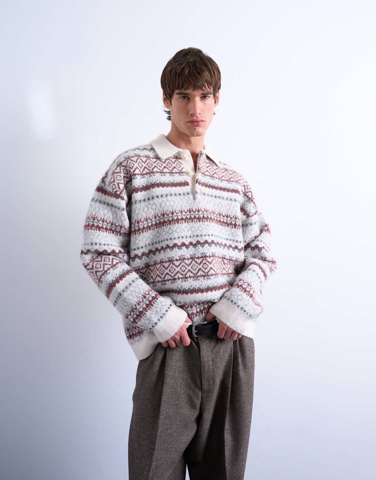 Topman regular fit fairisle stripe knitted polo in ecru