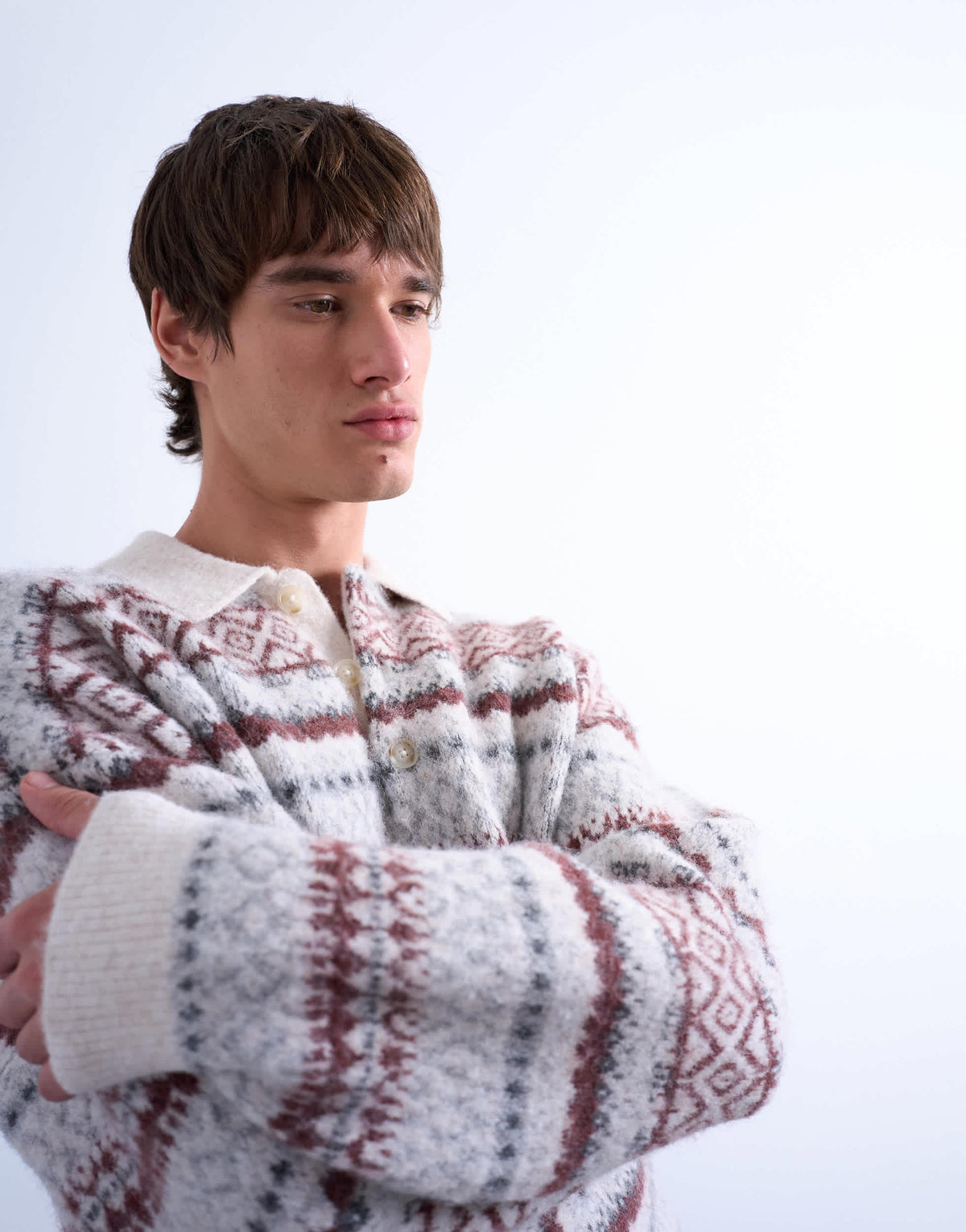 Topman regular fit fairisle stripe knitted polo in ecru