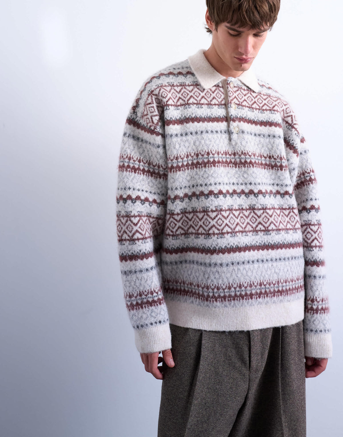 Topman regular fit fairisle stripe knitted polo in ecru