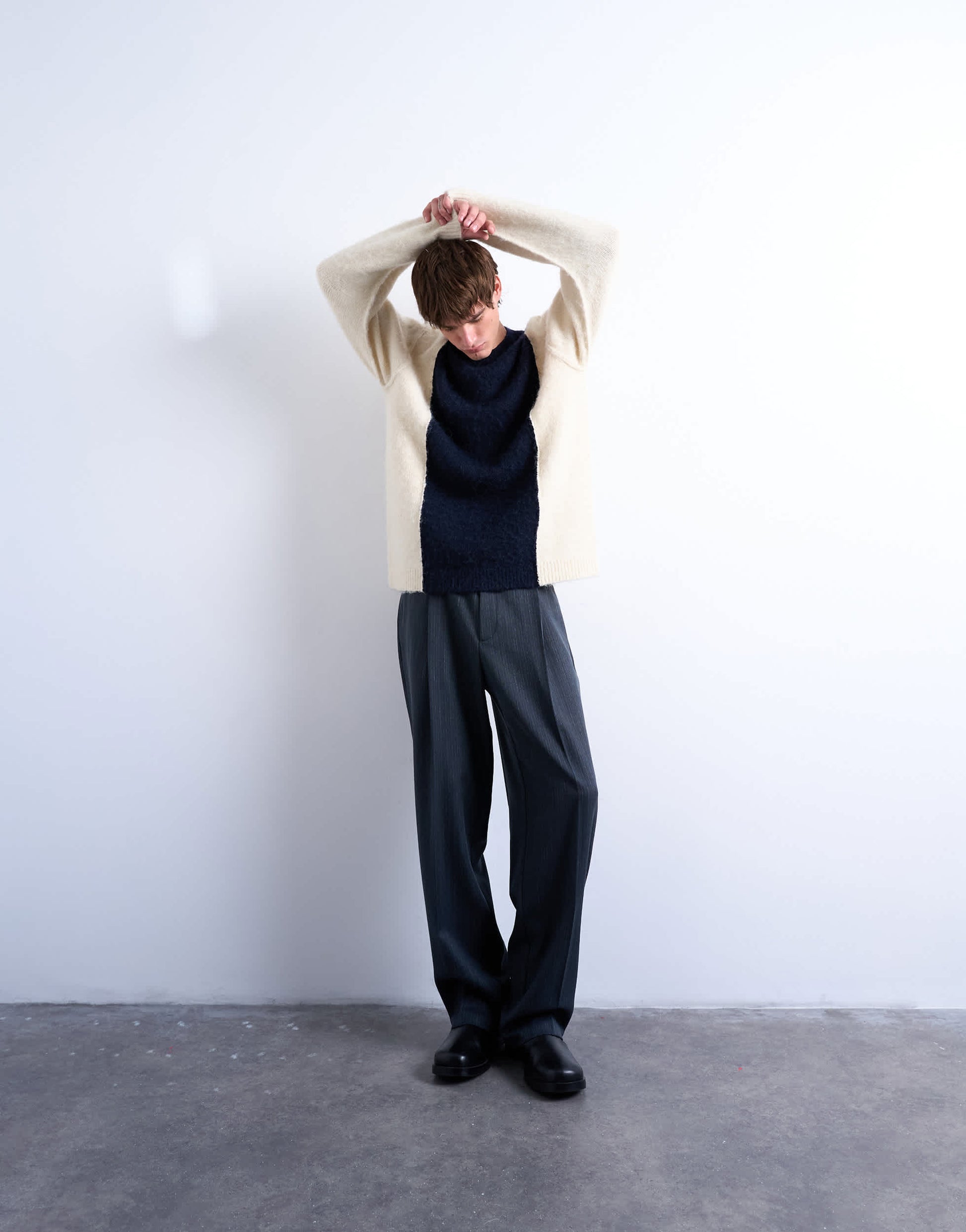 Topman relaxed fit fluffy yarn panel jumper in navy