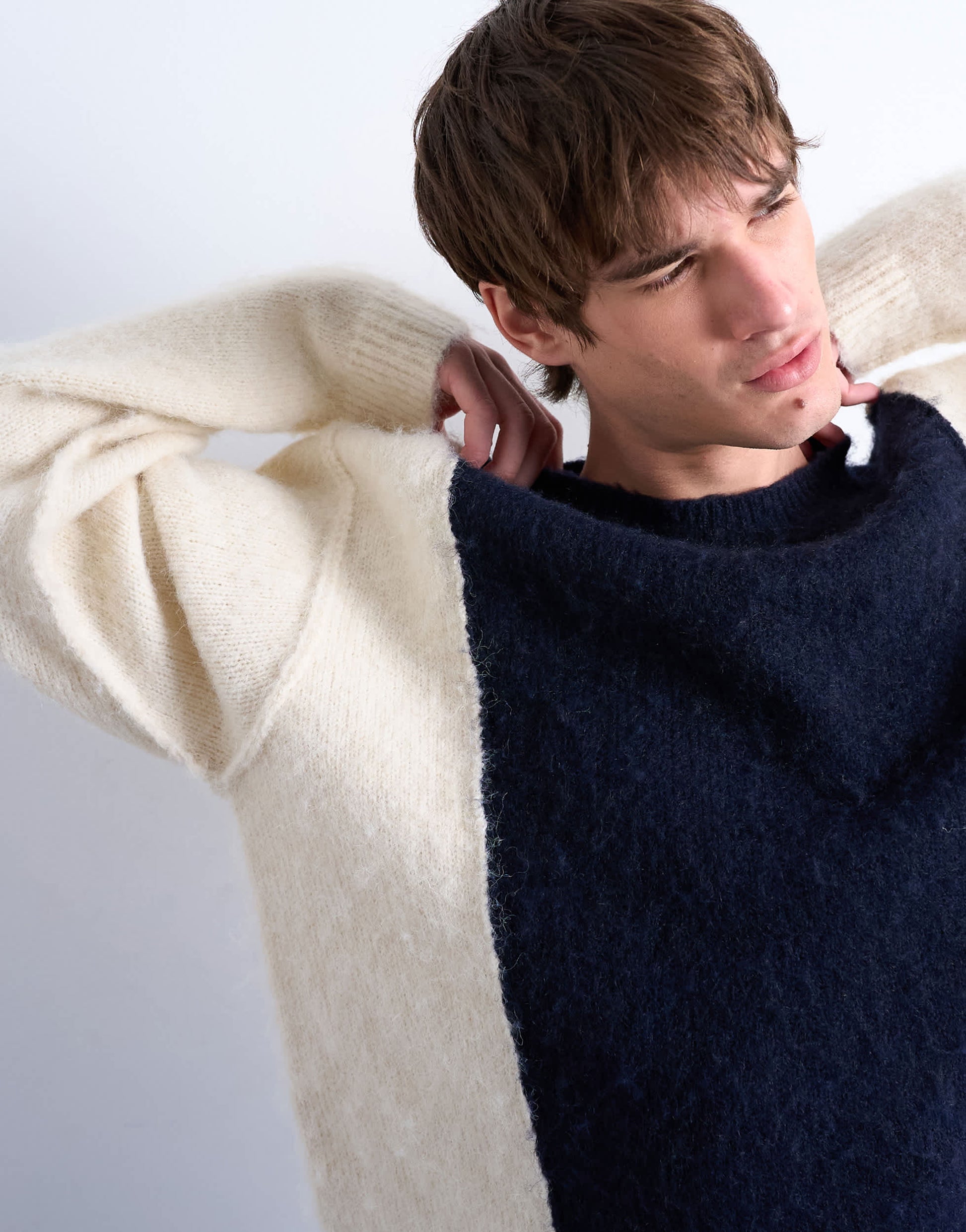 Topman relaxed fit fluffy yarn panel jumper in navy