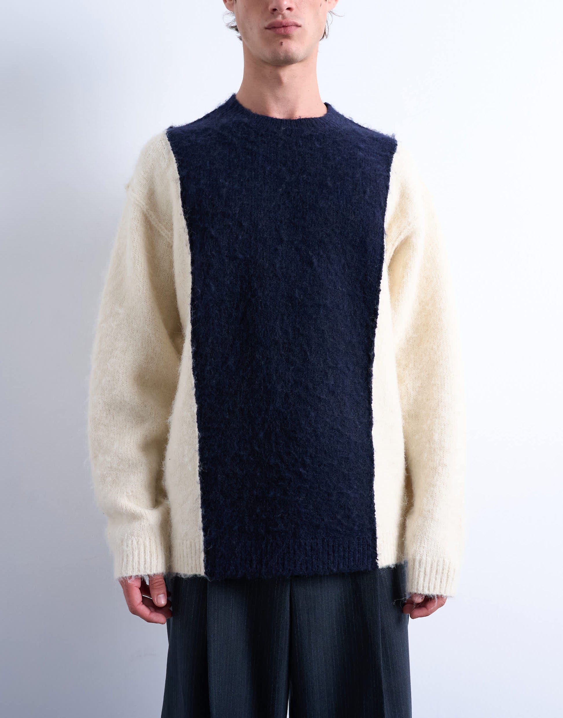 Topman relaxed fit fluffy yarn panel jumper in navy
