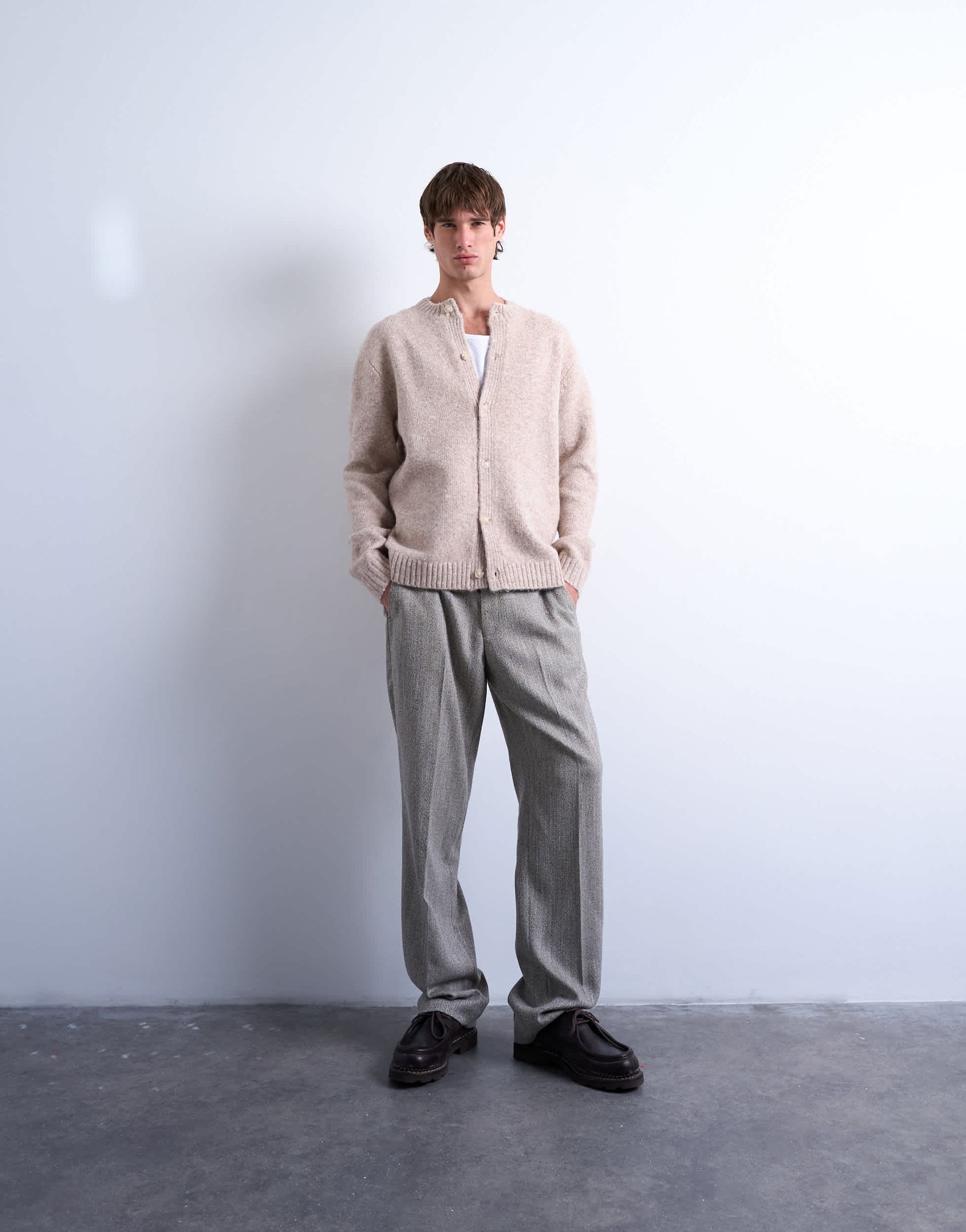 Topman crew neck cardigan in stone