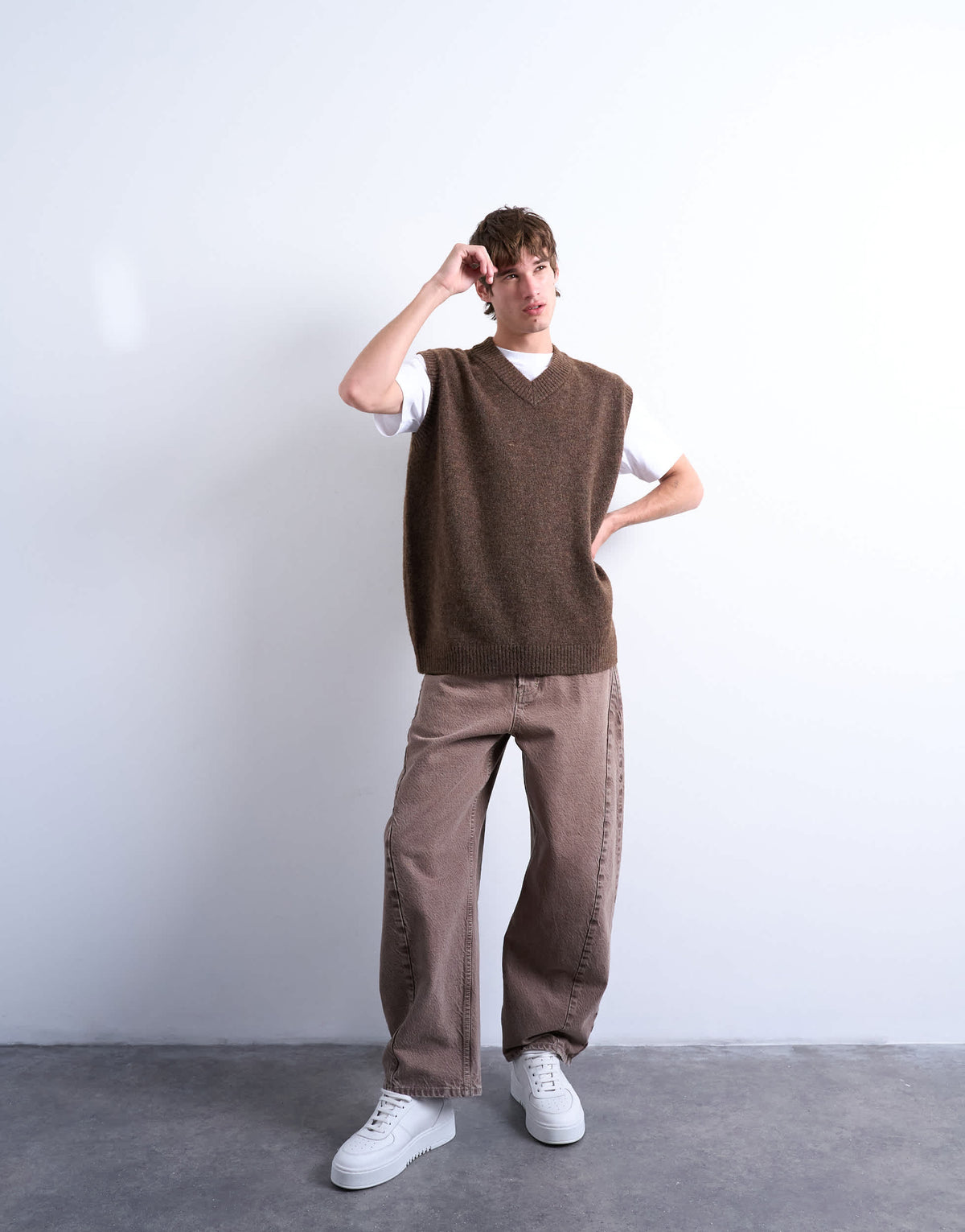 Topman oversized fit knitted v-neck tank in brown