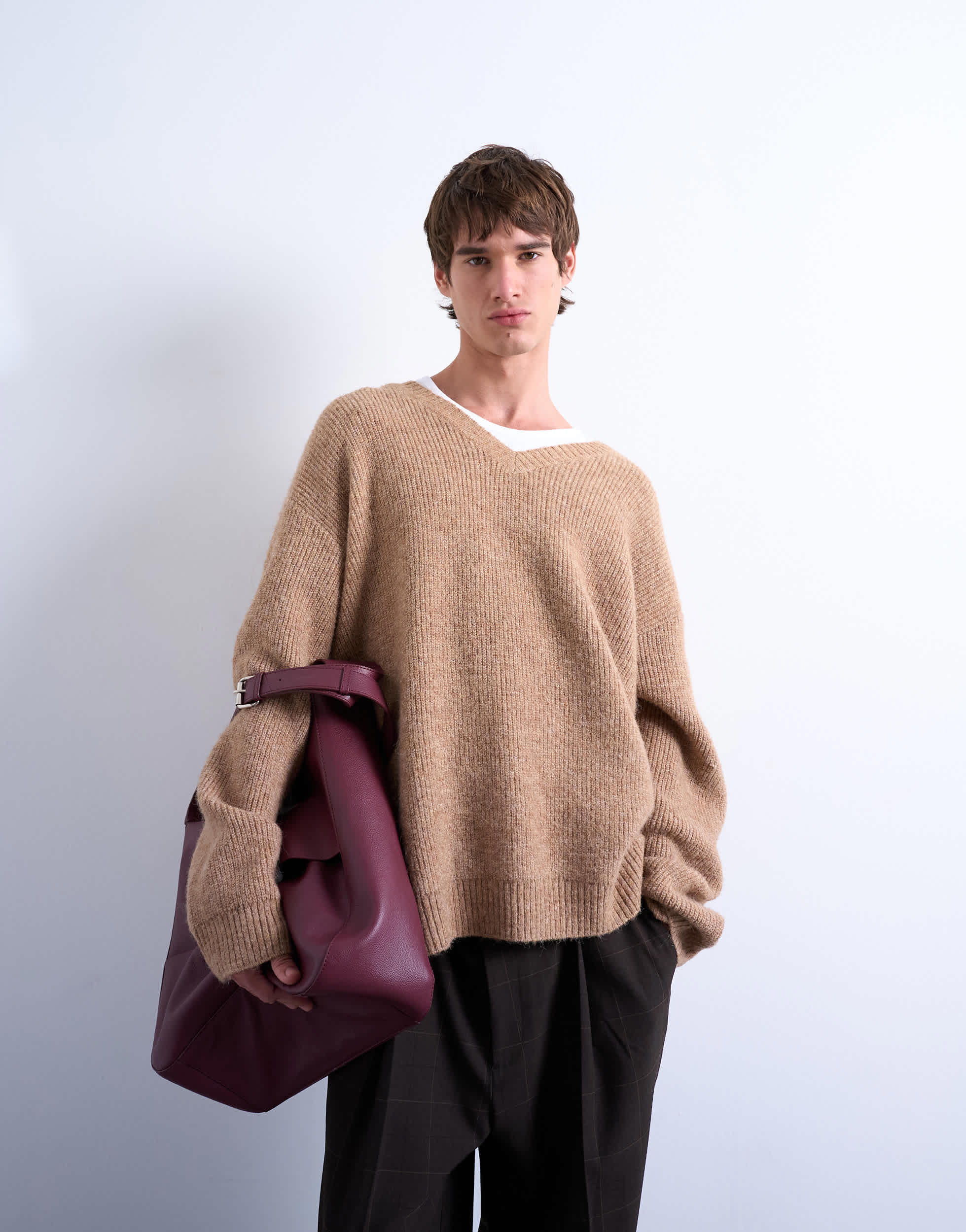 Topman Oversized V-Neck Pullover in Stone