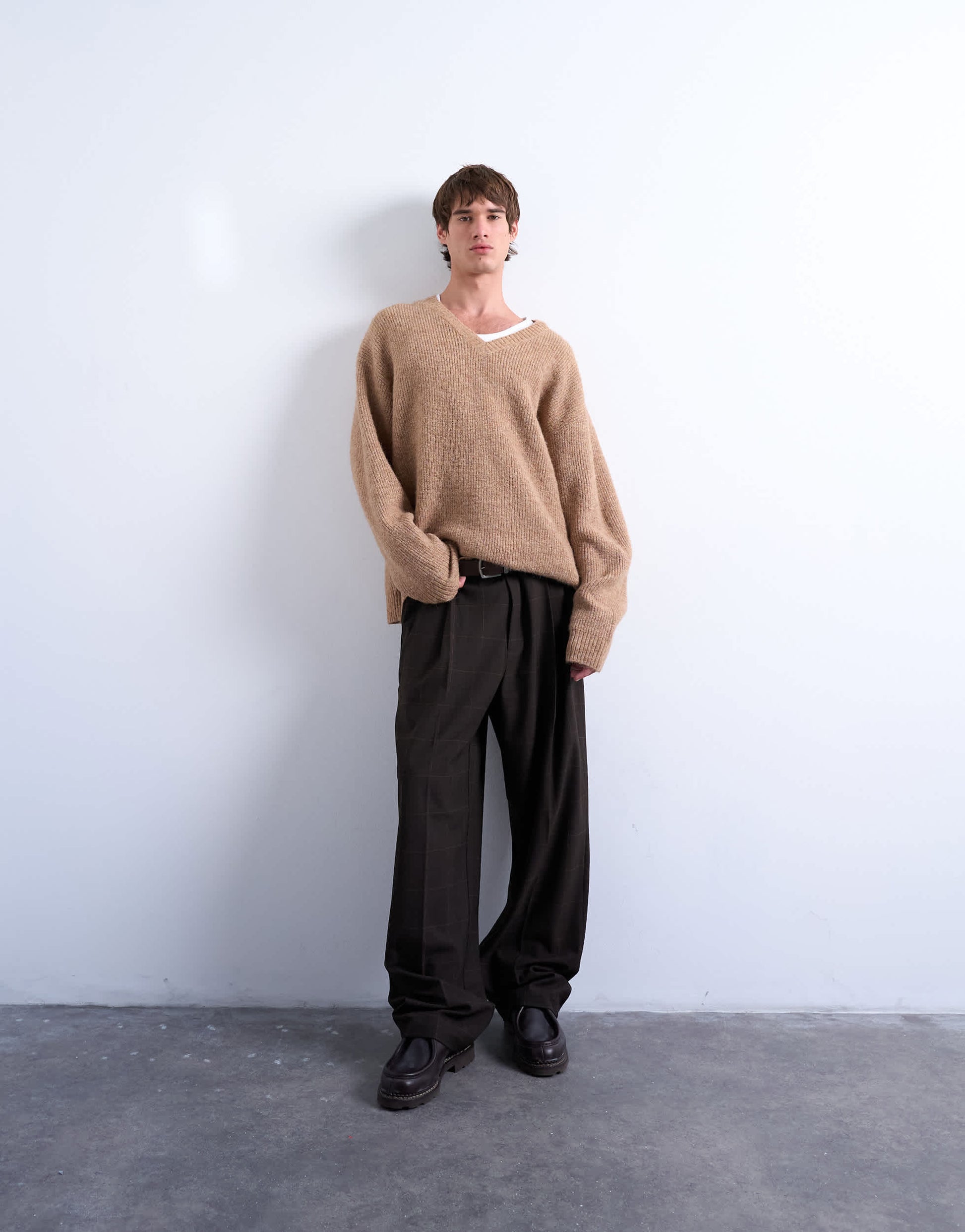 Topman oversized fit v neck jumper in stone