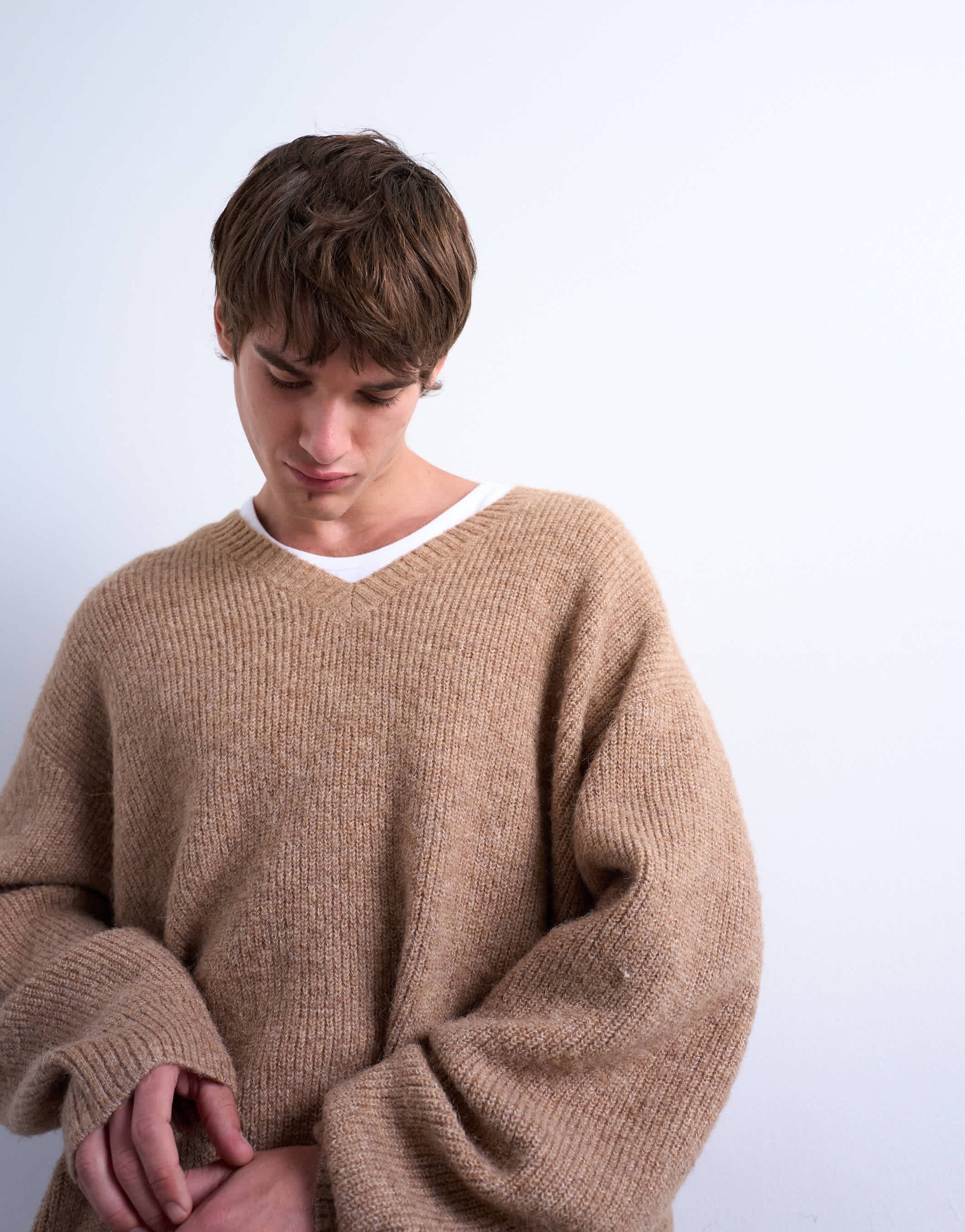 Topman oversized fit v neck jumper in stone