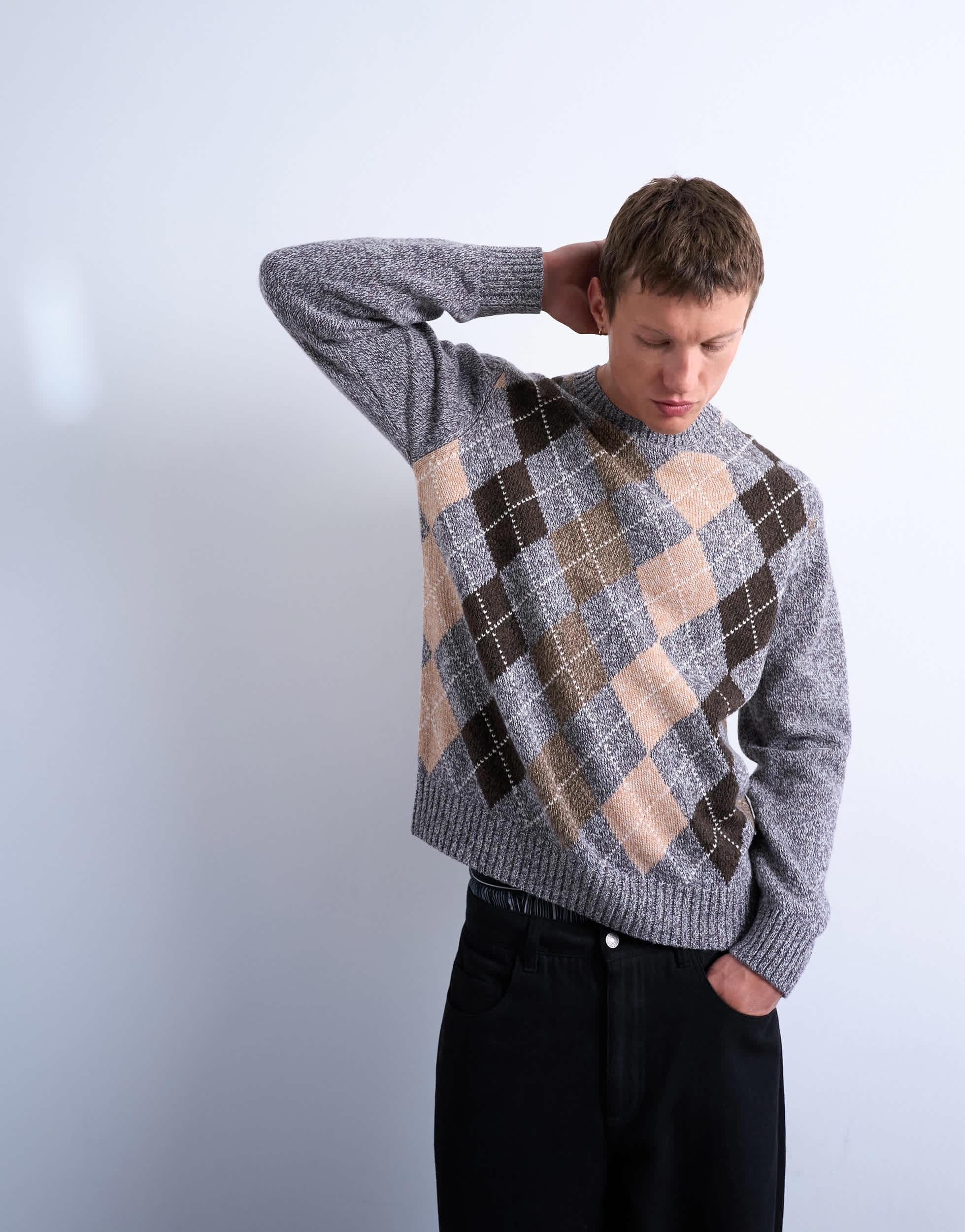 Pull ras de cou Topman en maille argyle marron