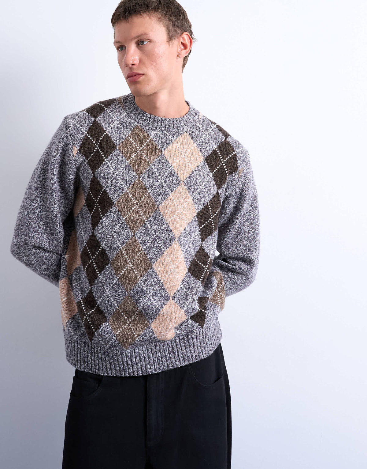 Topman argyle knit crew in brown
