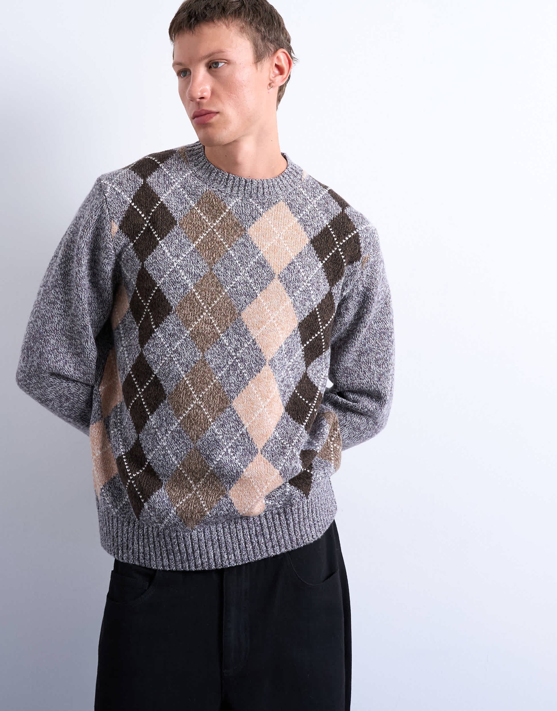 Topman argyle knit crew in brown