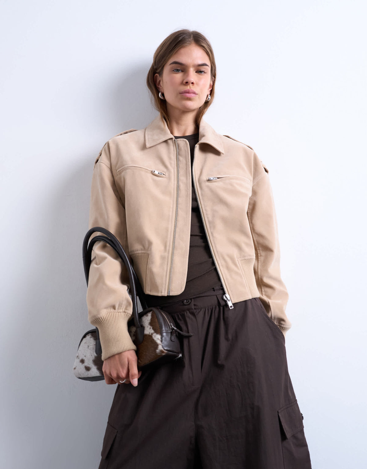 Topshop faux suede ovoid sleeve bomber jacket in stone