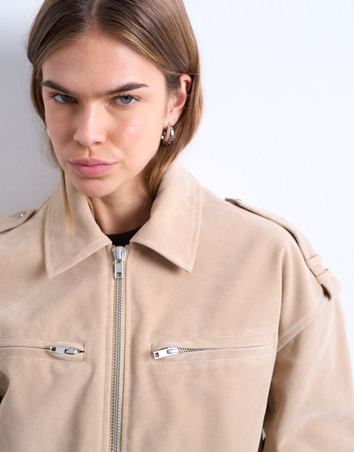 Topshop faux suede ovoid sleeve bomber jacket in stone