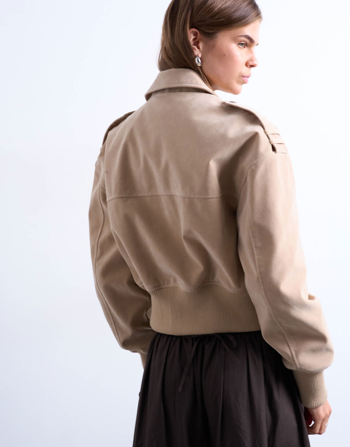 Topshop faux suede ovoid sleeve bomber jacket in stone