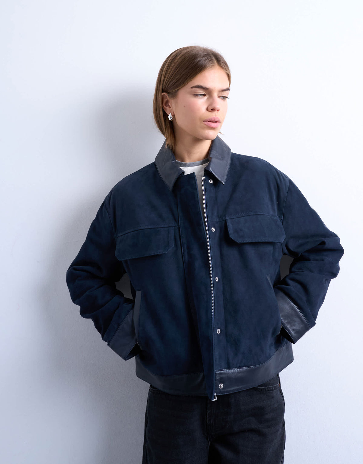 Topshop premium real suede jacket in navy